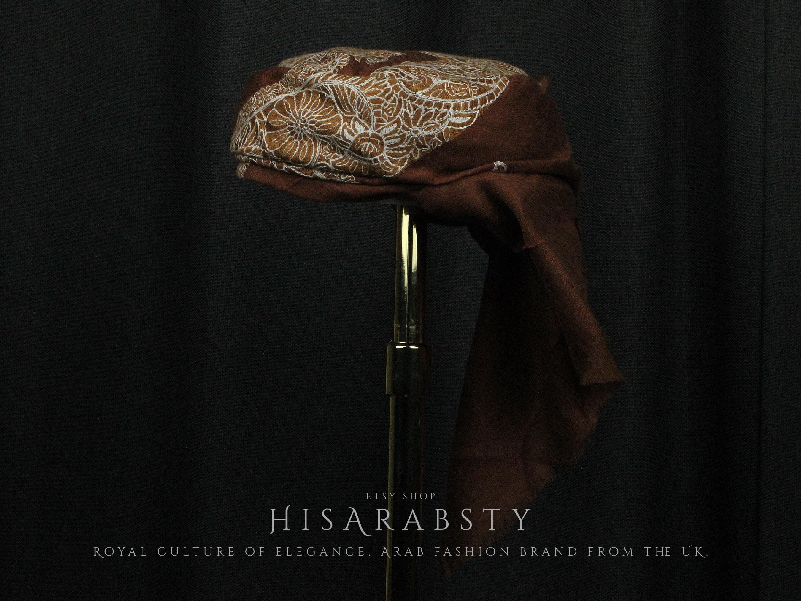 Ready To Wear Brown Traditional Yemeni Embroidered Imamah Shemagh Adjustable Perfect For Men & Children Unique Scarf Easy To Wear AR937