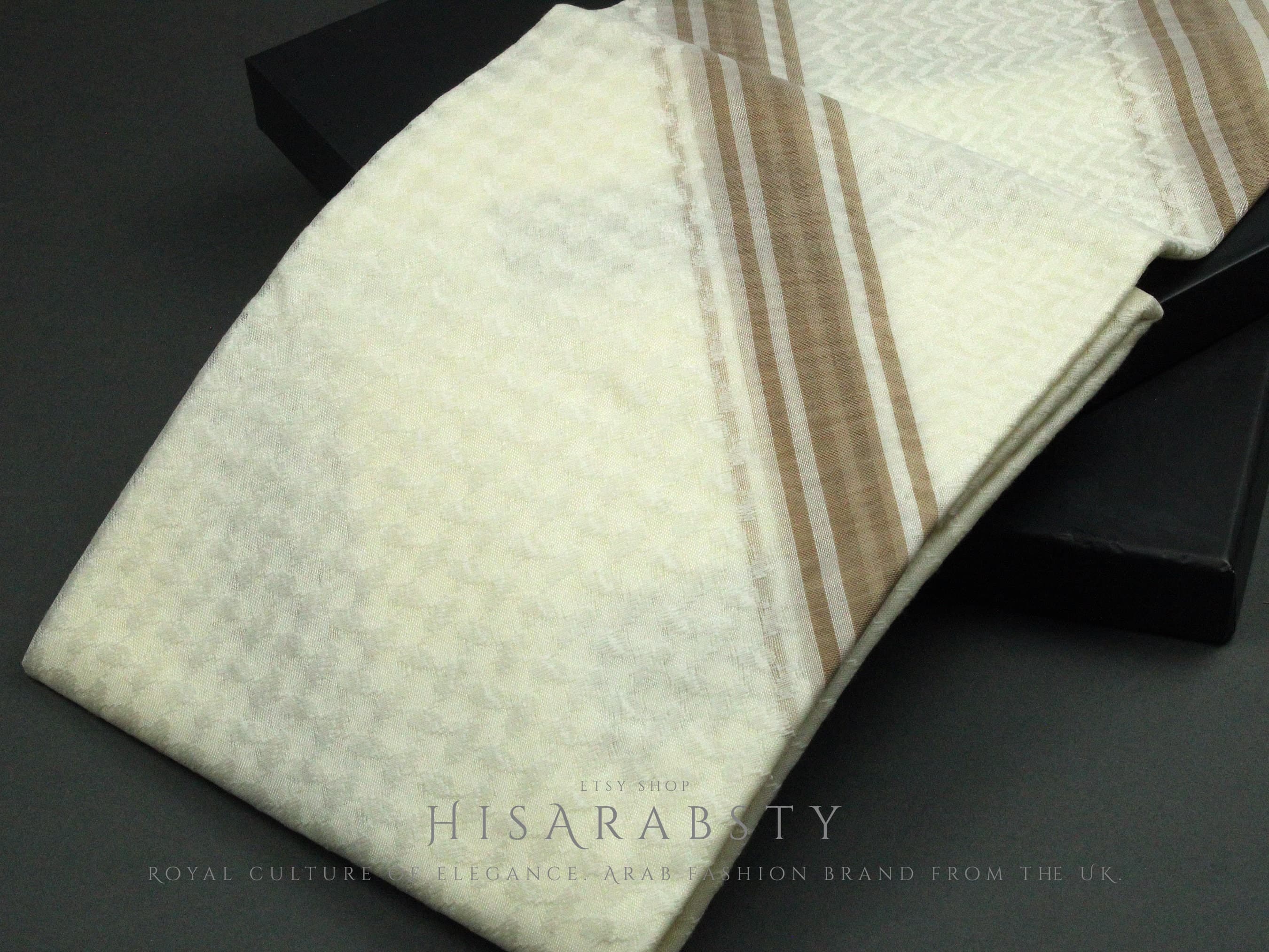Rare Premium Cream Shemagh With Brown Line Keffiyeh Original Arab Scarf Saudi Arabian Imamah Islamic Arabic Attire Ghutra Outfit Soft AR27 - image 4