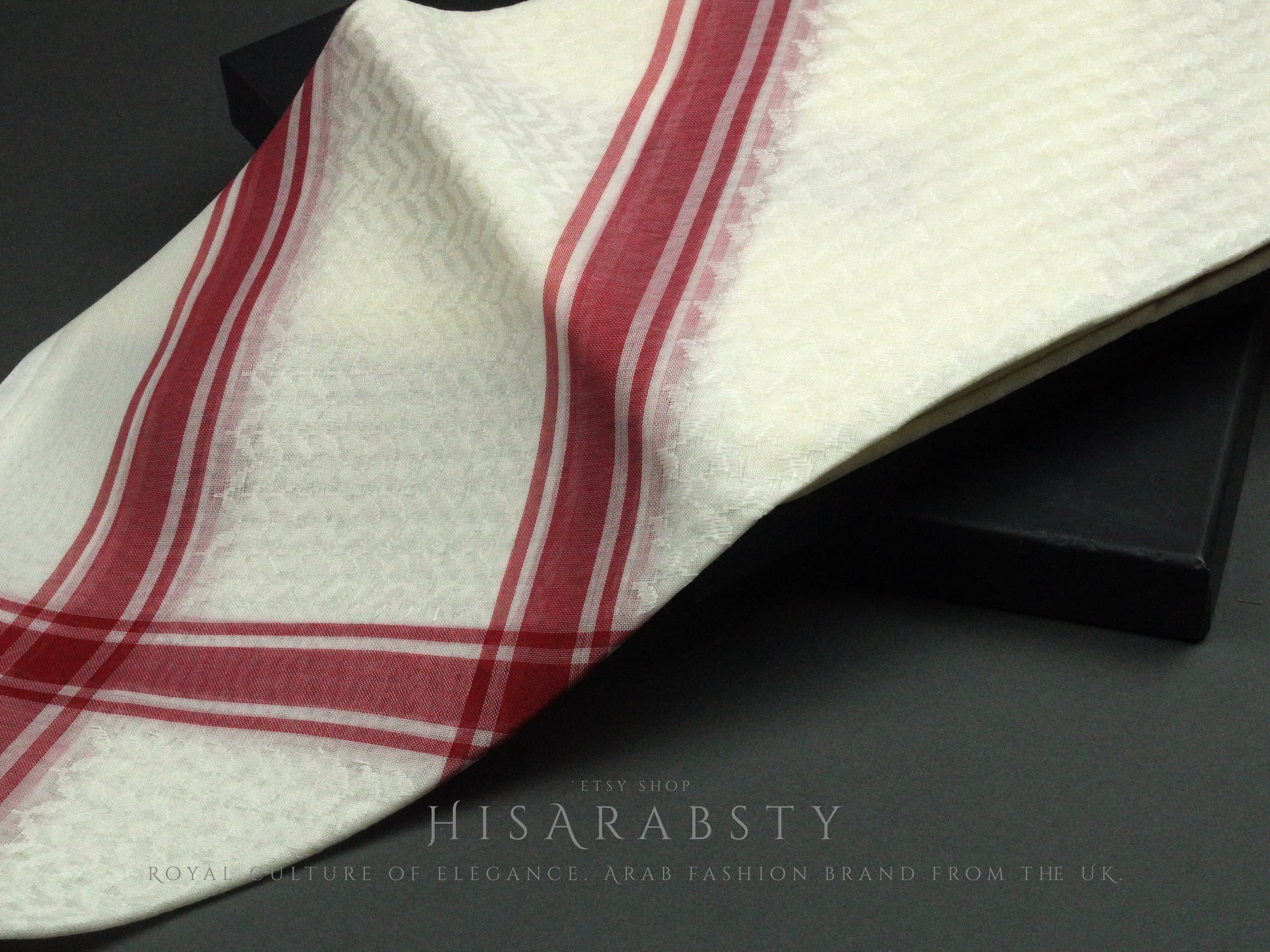 Rare Premium Cream Shemagh With Red Line Keffiyeh Original Arab Scarf Saudi Arabian Imamah Islamic Arabic Attire Ghutra Outfit Soft AR26 - image 3