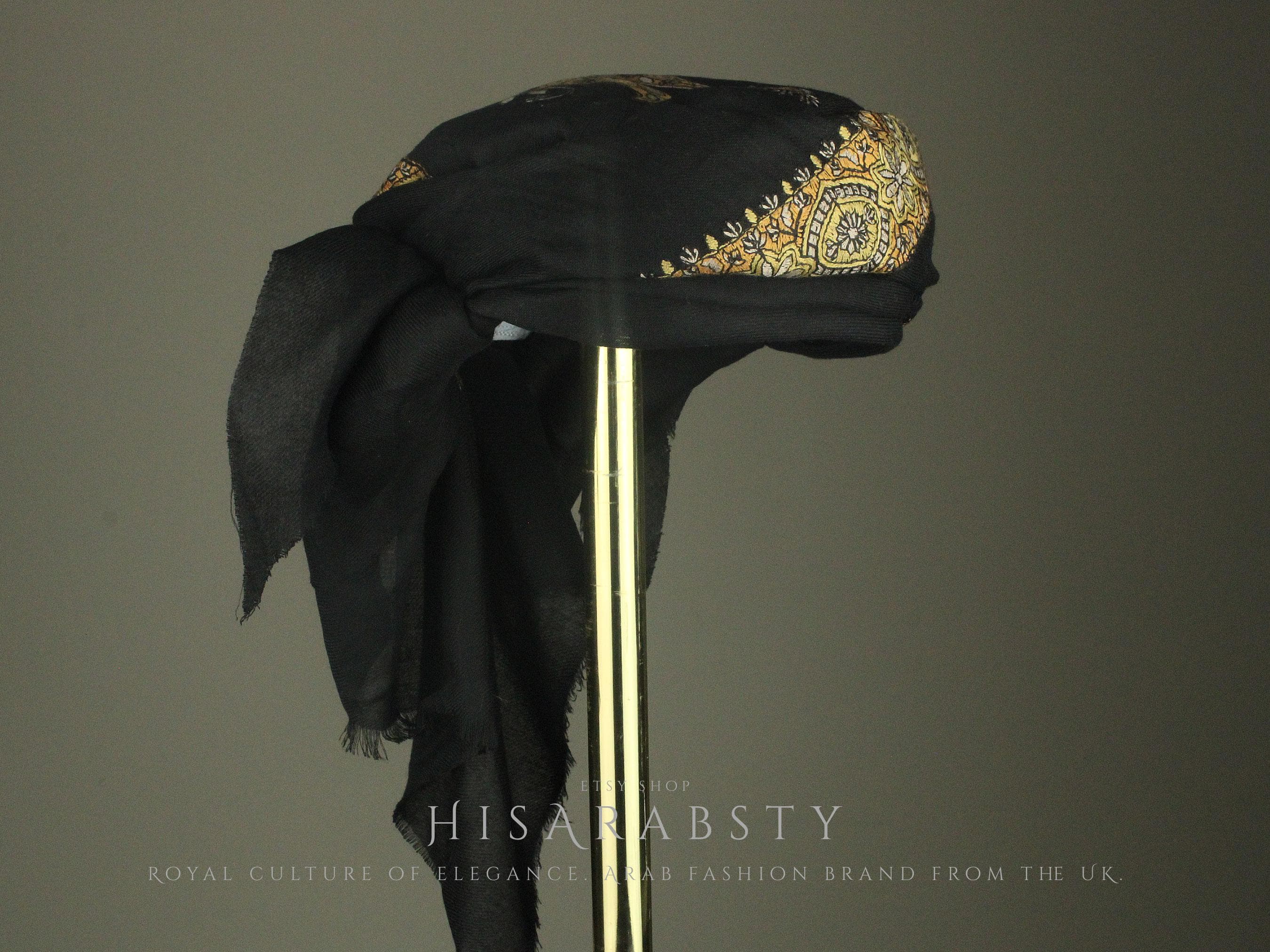 Ready To Wear Black Traditional Yemeni Embroidered Imamah Shemagh Adjustable Perfect For Men & Children Unique Scarf Easy To Wear AB7