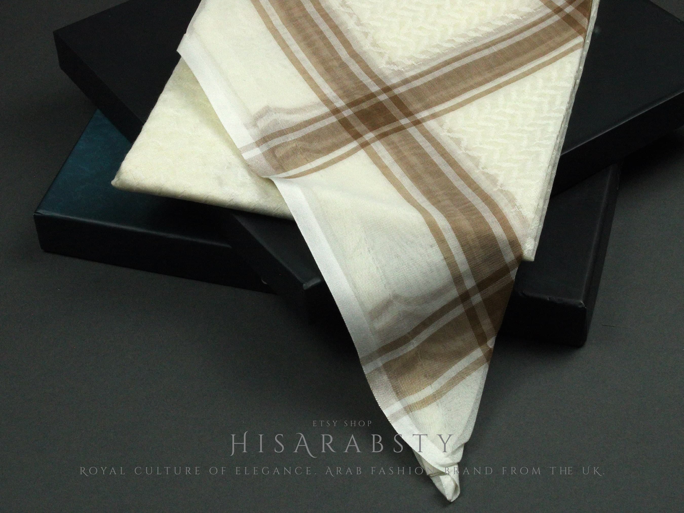 Rare Premium Cream Shemagh With Brown Line Keffiyeh Original Arab Scarf Saudi Arabian Imamah Islamic Arabic Attire Ghutra Outfit Soft AR27 - image 5