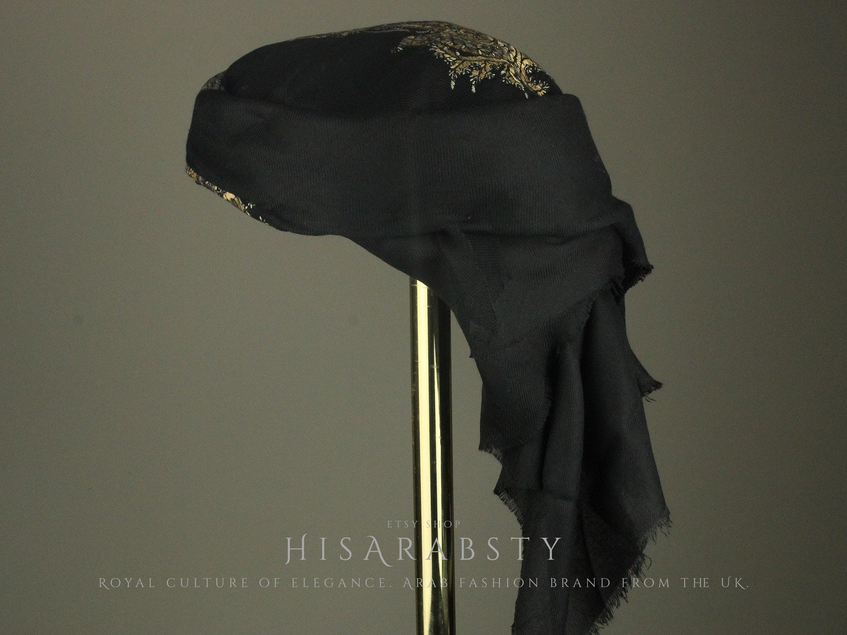 Ready To Wear Black Traditional Yemeni Embroidered Imamah Shemagh Adjustable Perfect For Men & Children Unique Scarf Easy To Wear AB2