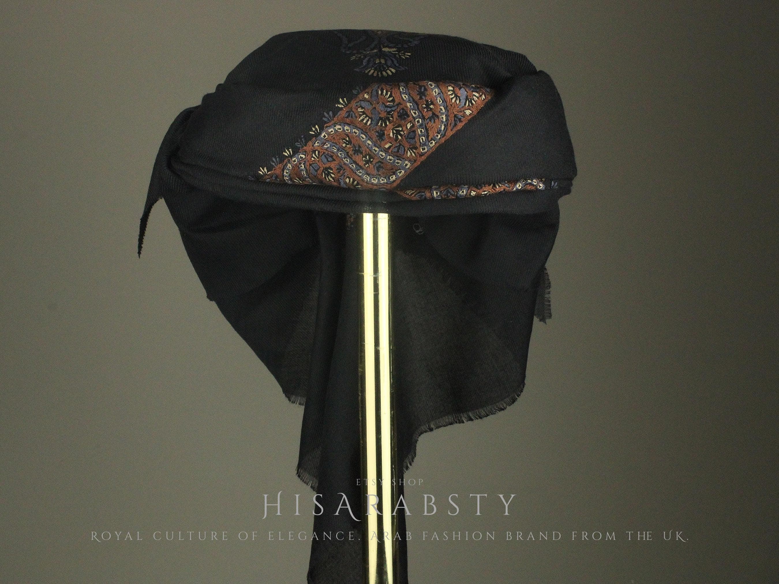 Ready To Wear Black Traditional Yemeni Embroidered Imamah Shemagh Adjustable Perfect For Men & Children Unique Scarf Easy To Wear AB3