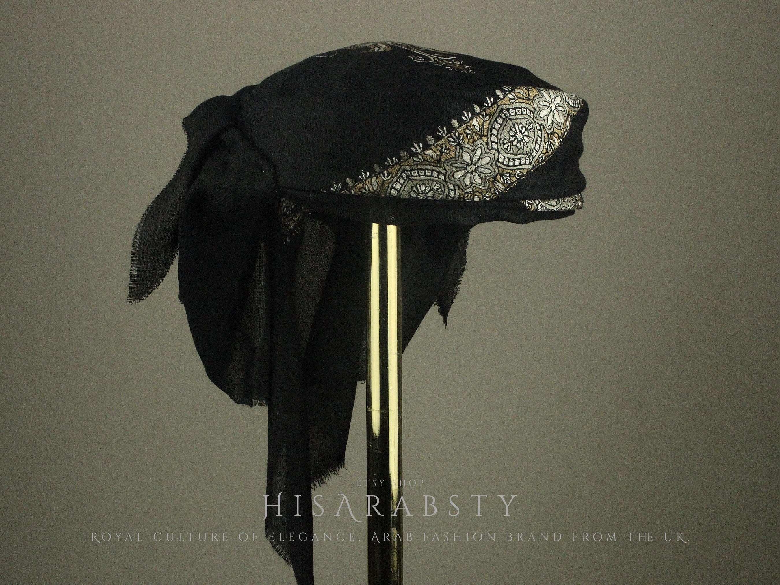 Ready To Wear Black Traditional Yemeni Embroidered Imamah Shemagh Adjustable Perfect For Men & Children Unique Scarf Easy To Wear AB31