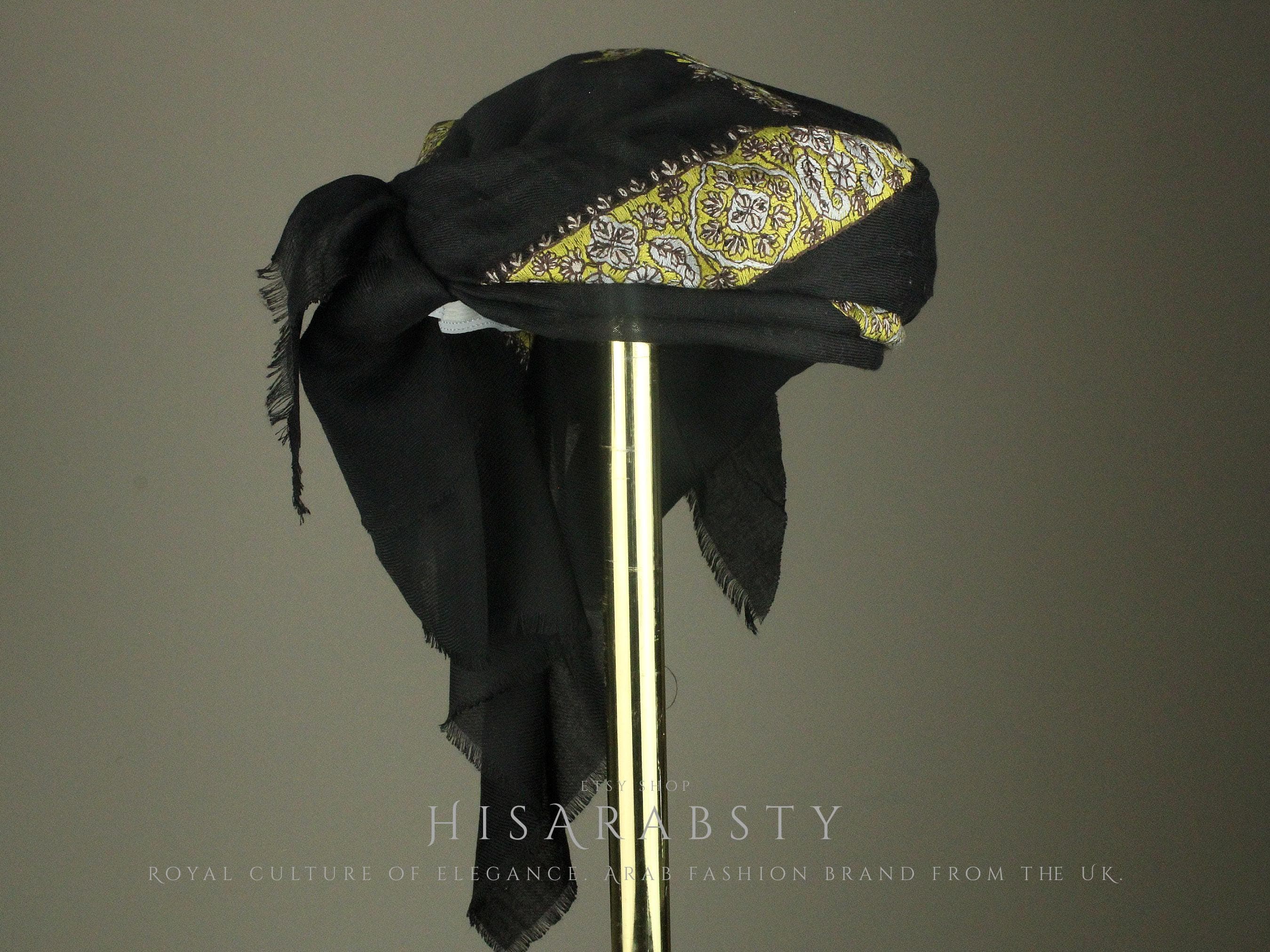 Ready To Wear Black Traditional Yemeni Embroidered Imamah Shemagh Adjustable Perfect For Men & Children Unique Scarf Easy To Wear AB9