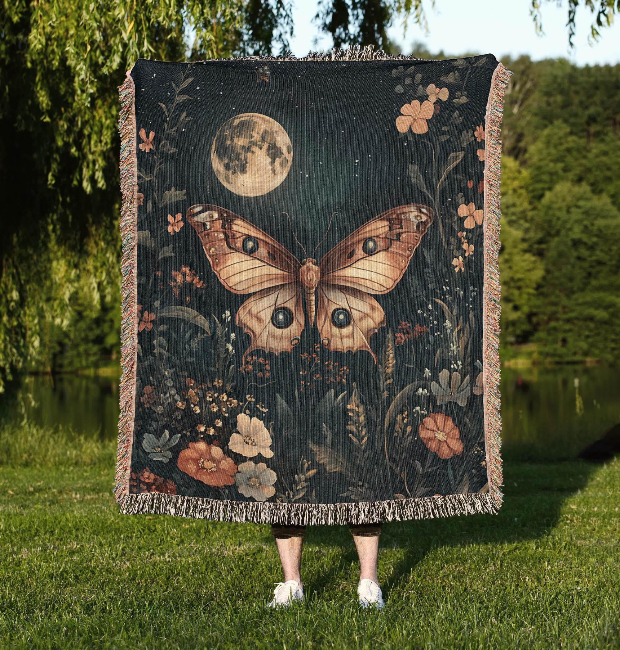 Luna Moth Woven Blanket: Dark Cottagecore Tapestry - image 3