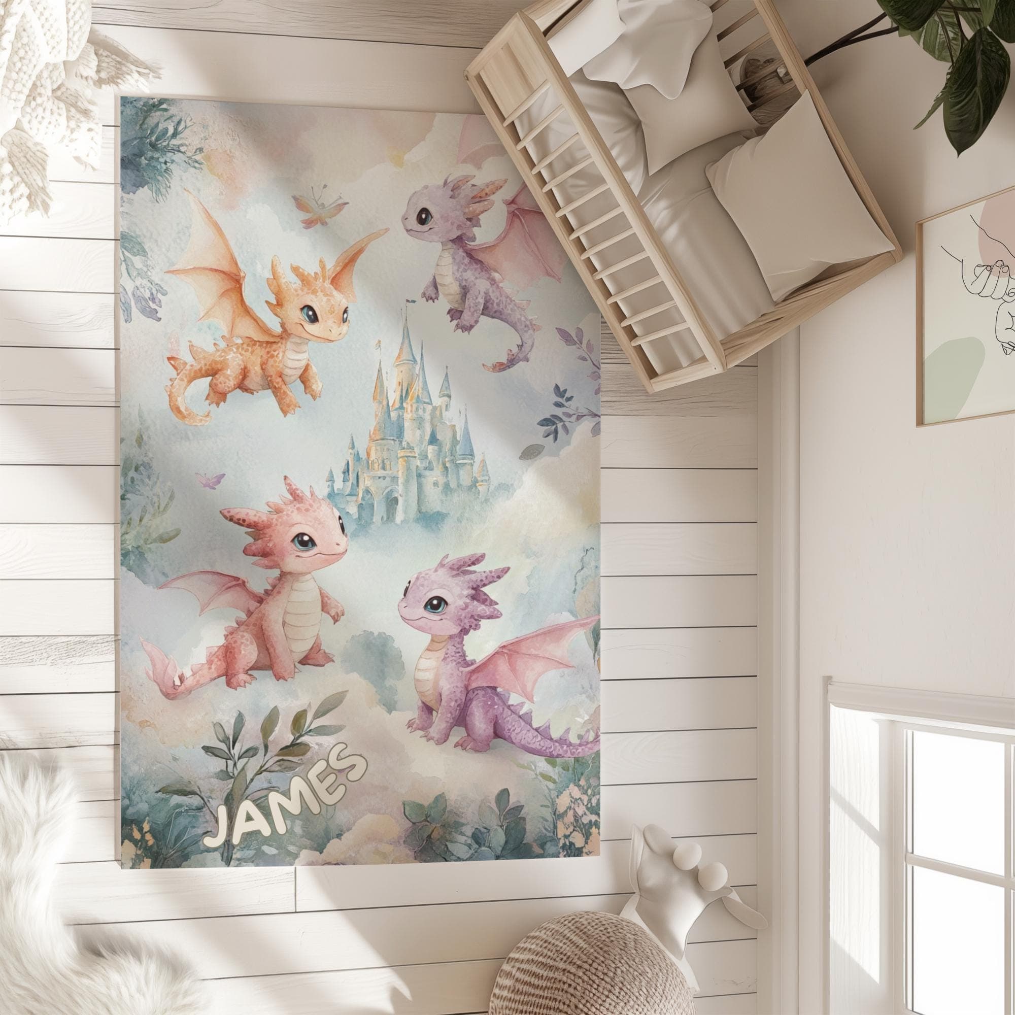 Watercolor Dragon Nursery Rug, Custom Name Baby Room Mat