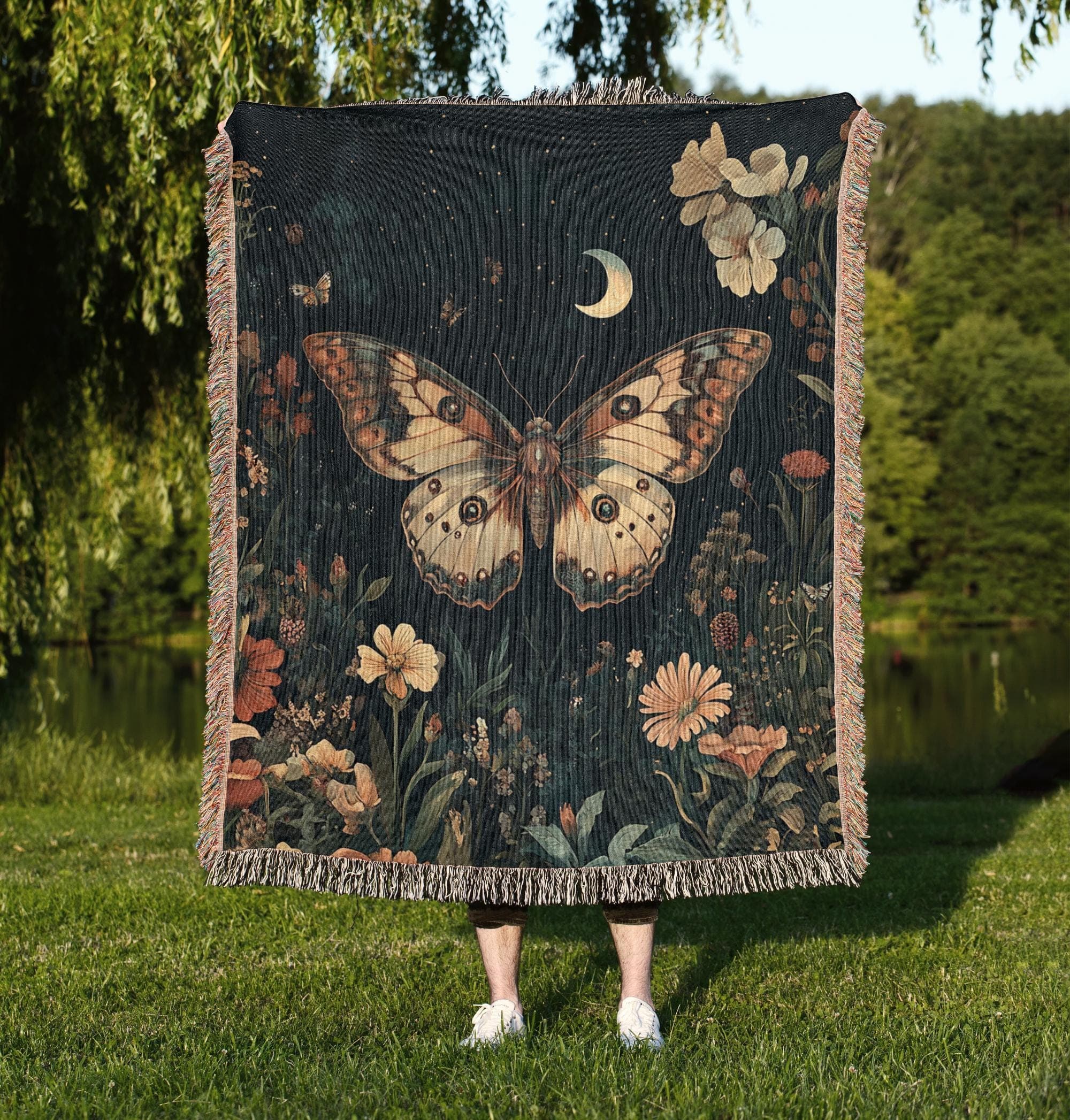 Luna Moth Woven Blanket: Dark Cottagecore Tapestry - image 5