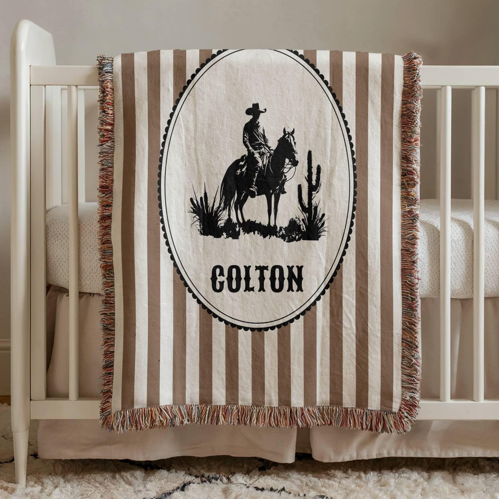Vintage Western Baby Blanket, Personalized Cowboy Nursery Throw, Black Friday Gift, Custom Name Blanket
