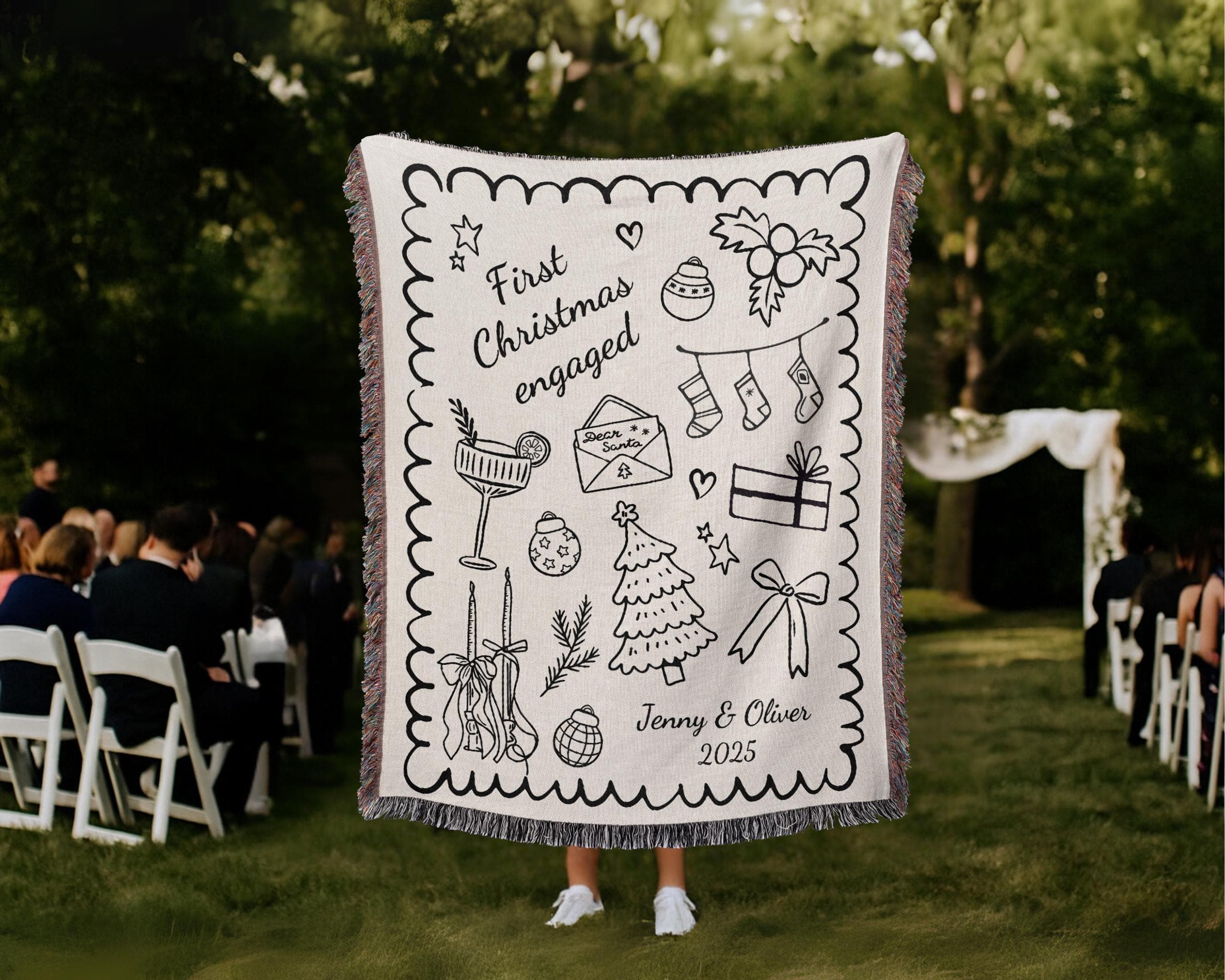 Personalized Engagement Our First Christmas Blanket: Woven Cotton Throw with Custom Stamp