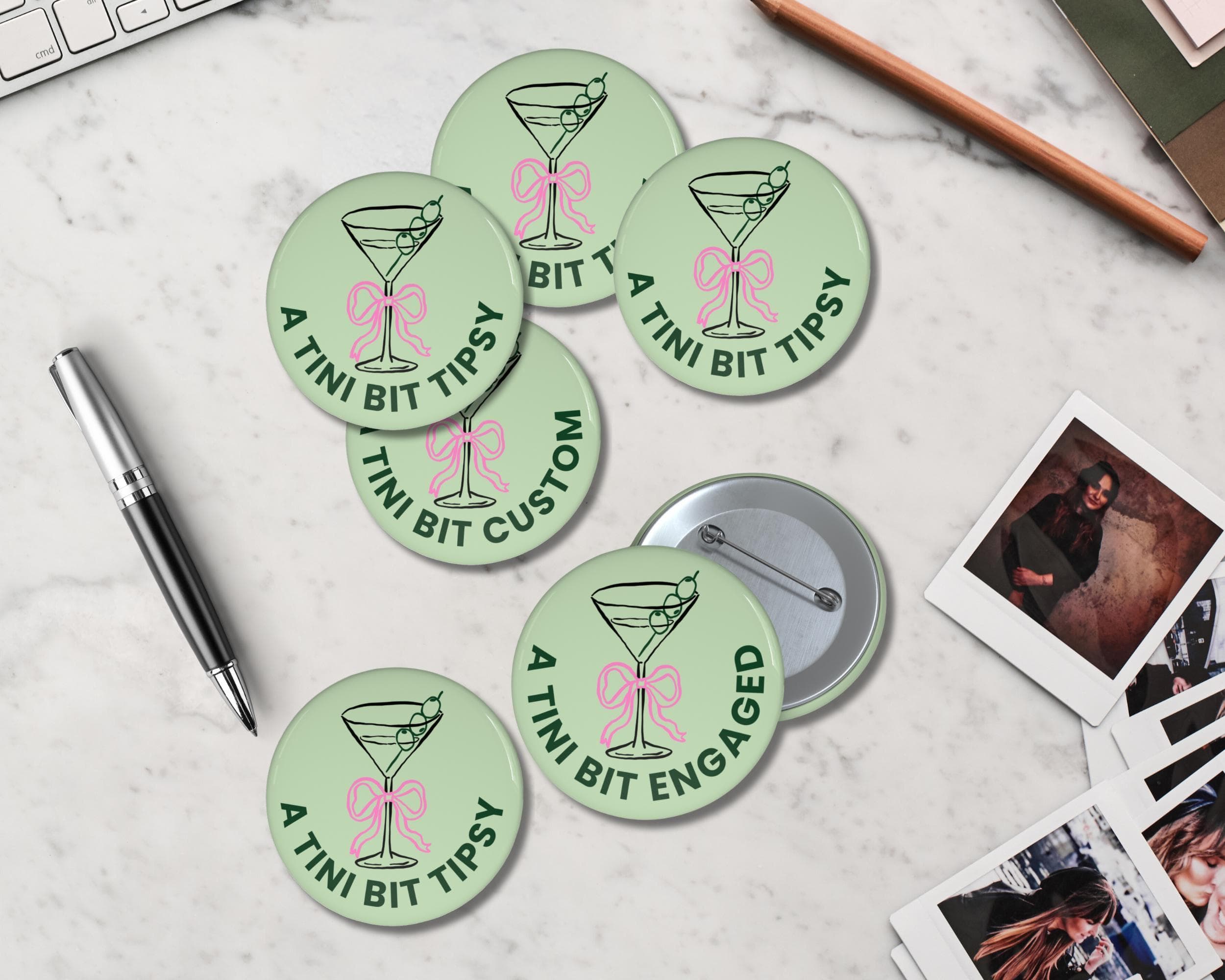 Martini Bachelorette Party Pin Buttons: Merit Badge Favors