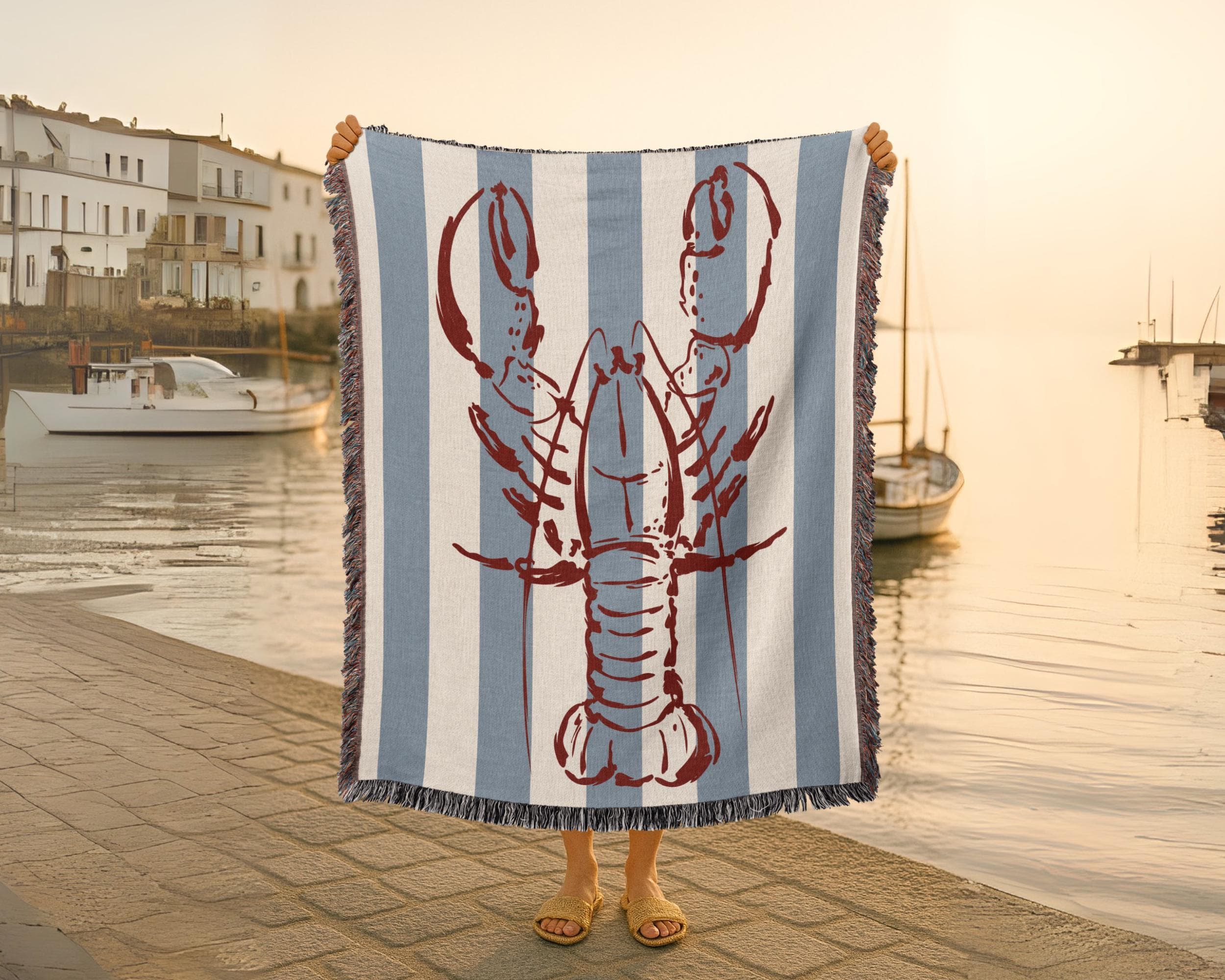 Lobster Throw Blanket: Nautical Coastal Decor with Blue Stripes