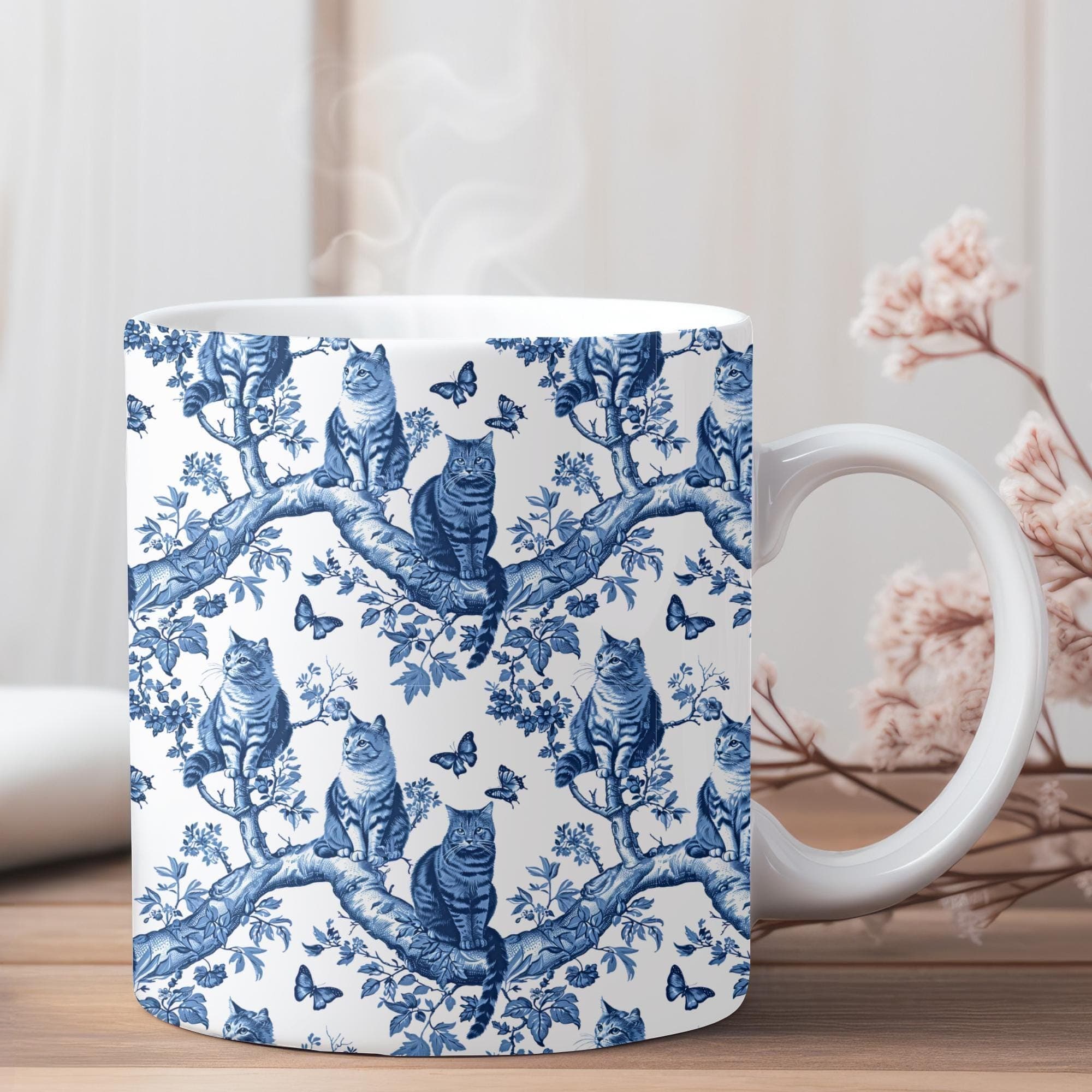 Blue Chinoiserie Cat Mug: Floral Cottagecore Coffee Cup