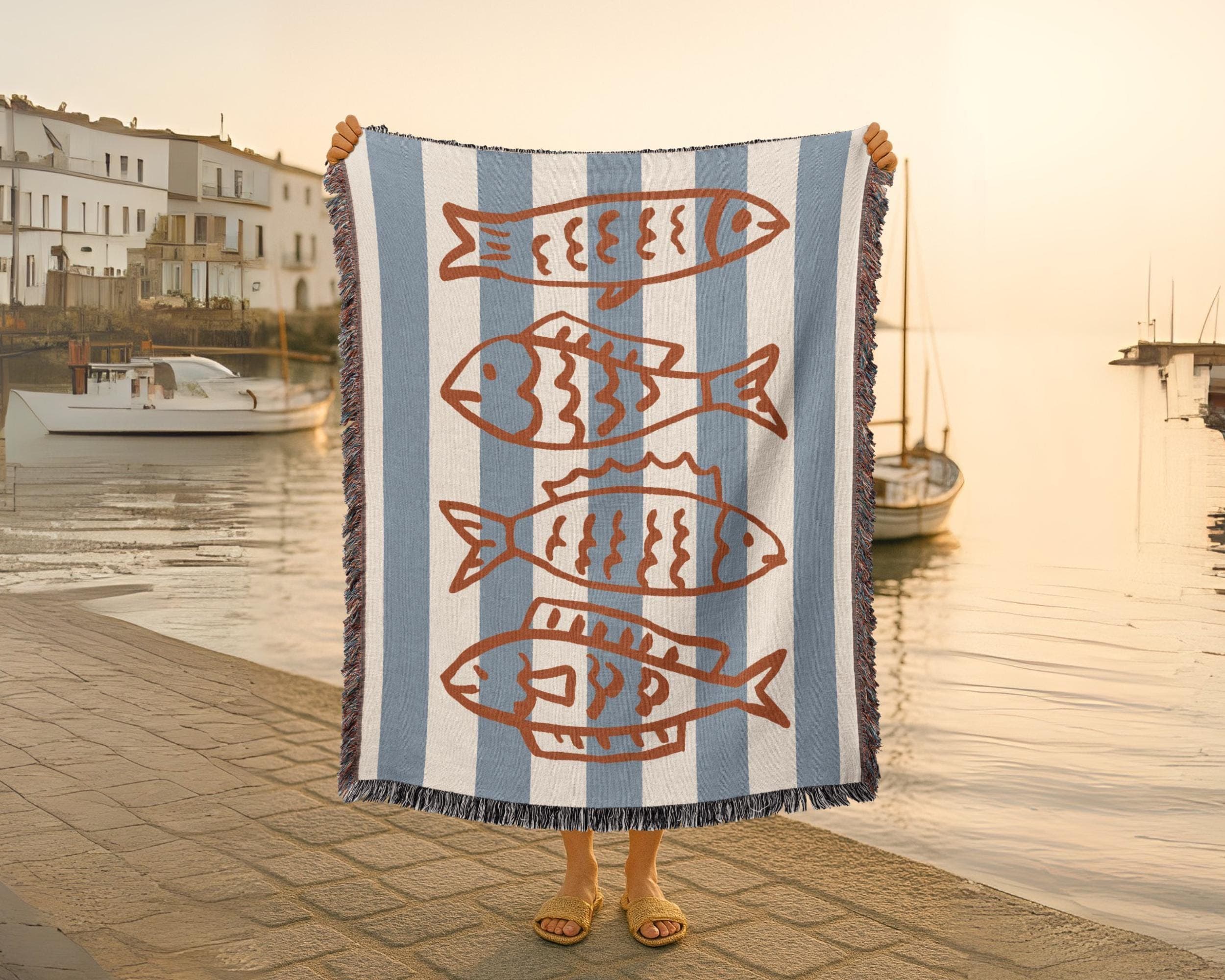 Sardine Throw Blanket: Nautical Blue Stripes, Fisherman Decor