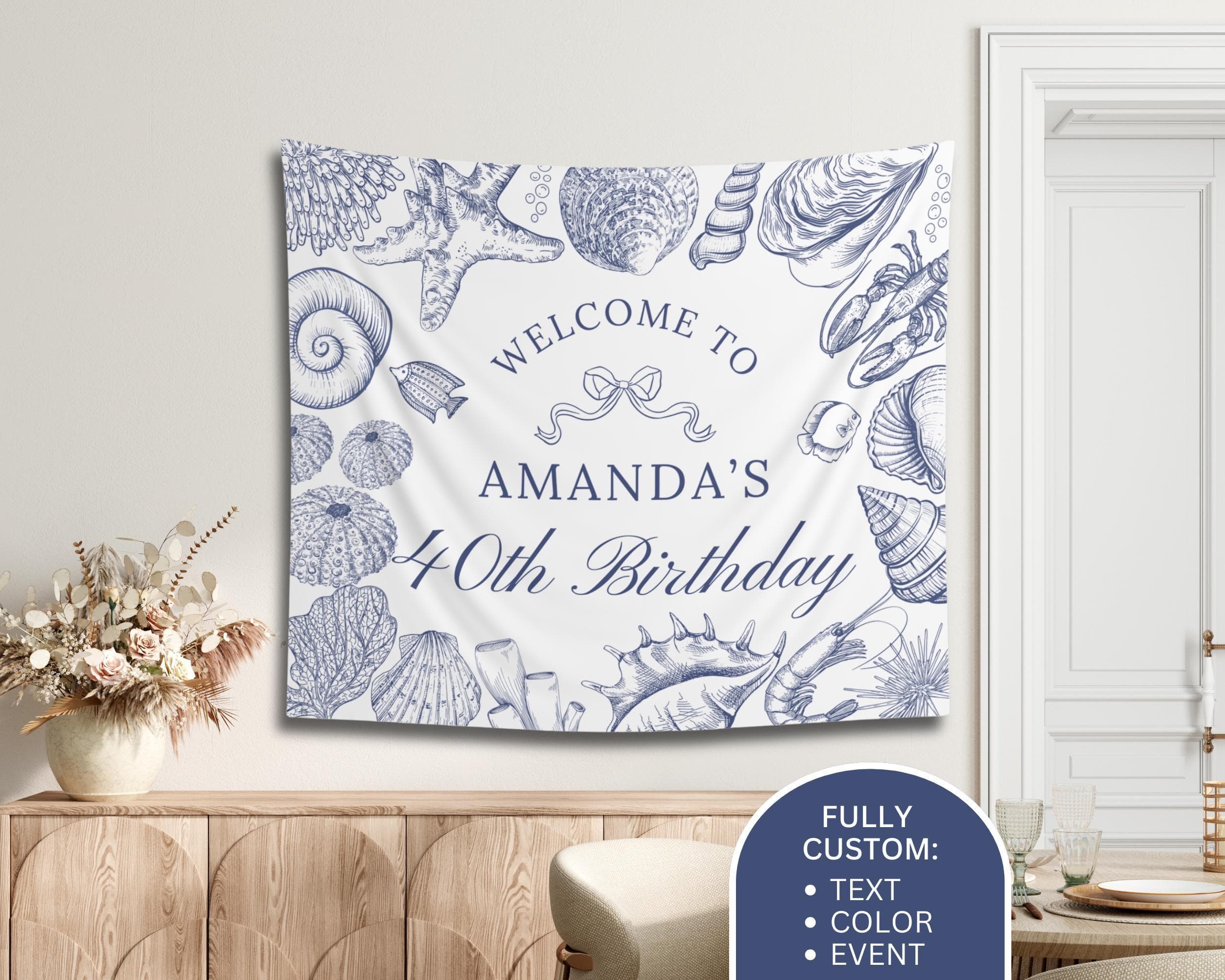 Personalized Coastal 40th Birthday Banner: Seashells, Ocean Party Decor