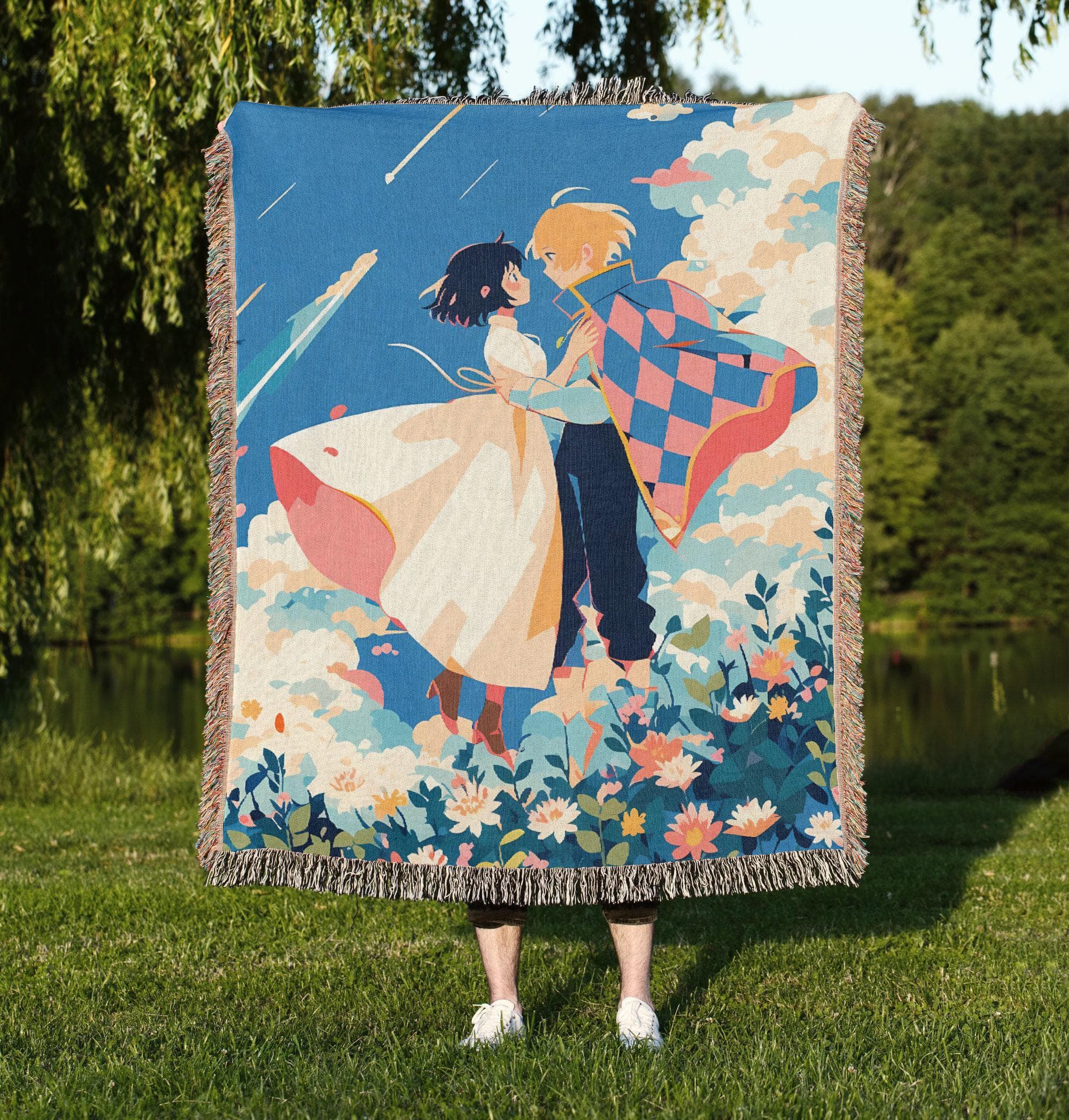 Howl and Sophie Woven Blankets, Moving Castle Fleece blanket, Anime Art, Gift for her, Manga Tapestry Throw,Vintage Japanese anime