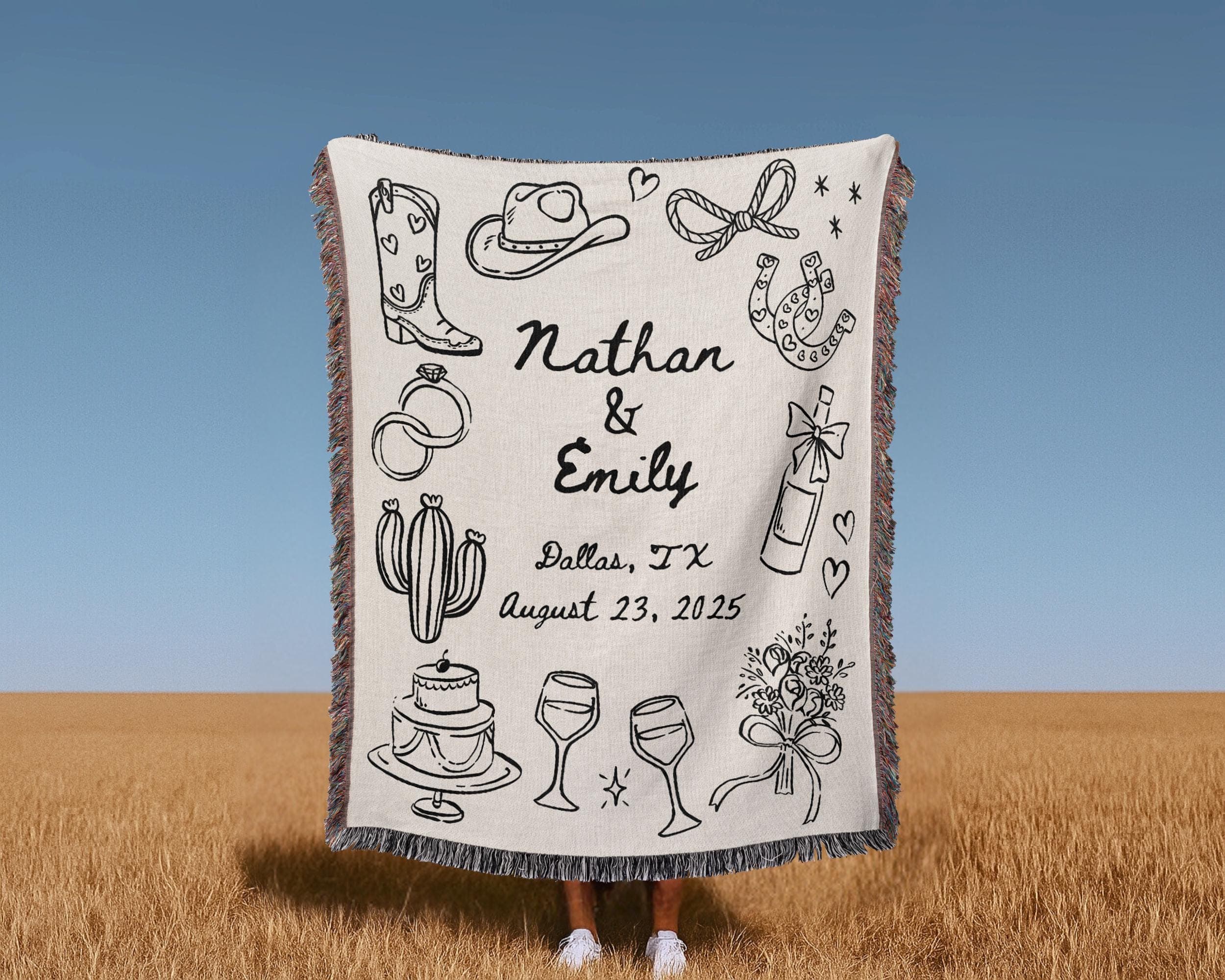 Custom Woven Western Wedding Blanket: Cowboy Boots, Rustic Keepsake