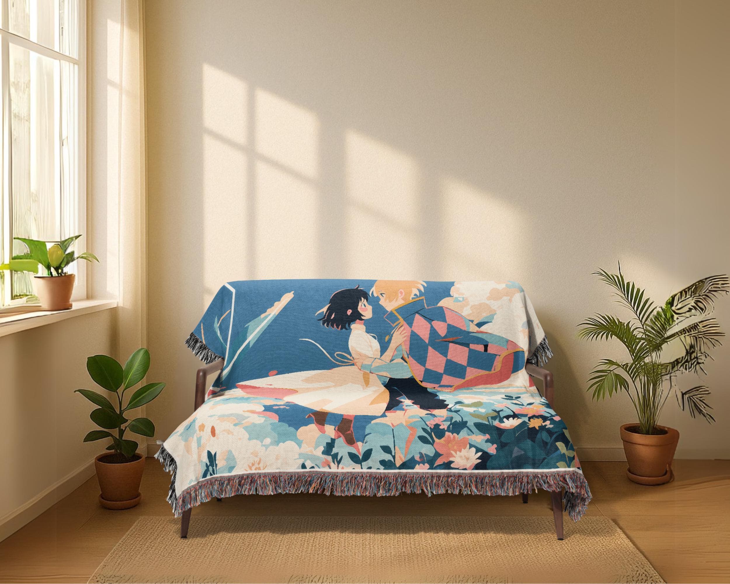 Howl and Sophie Woven Blankets, Moving Castle Fleece blanket, Anime Art, Gift for her, Manga Tapestry Throw,Vintage Japanese anime - image 3