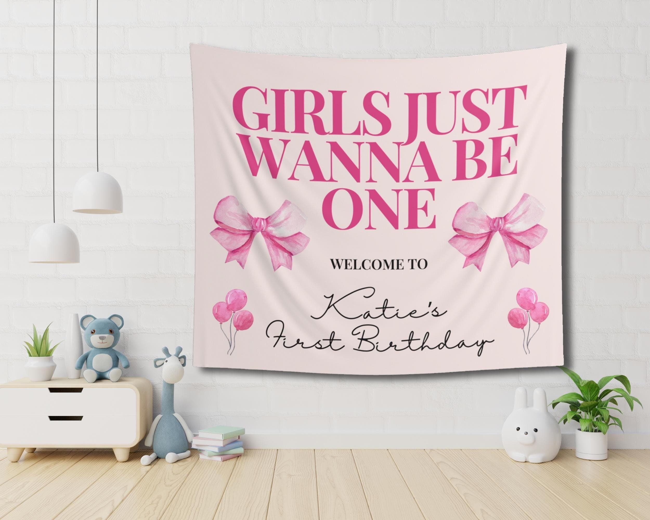 Pink Birthday Bow Banner: "Girls Just Wanna Be One" - First Birthday