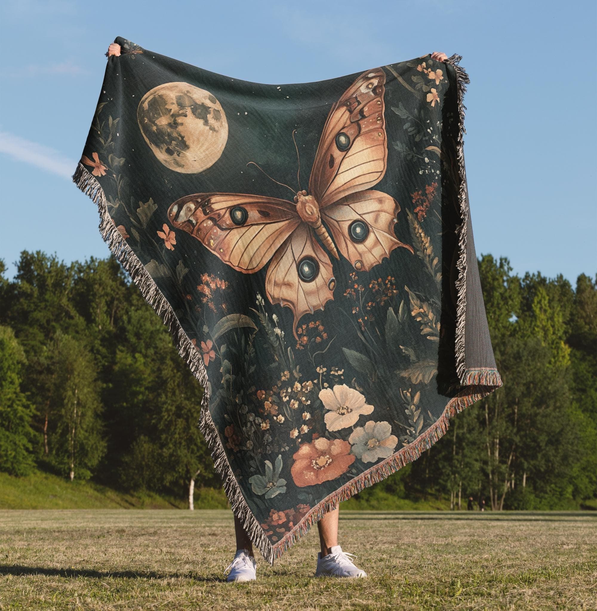Luna Moth Woven Blanket: Dark Cottagecore Tapestry