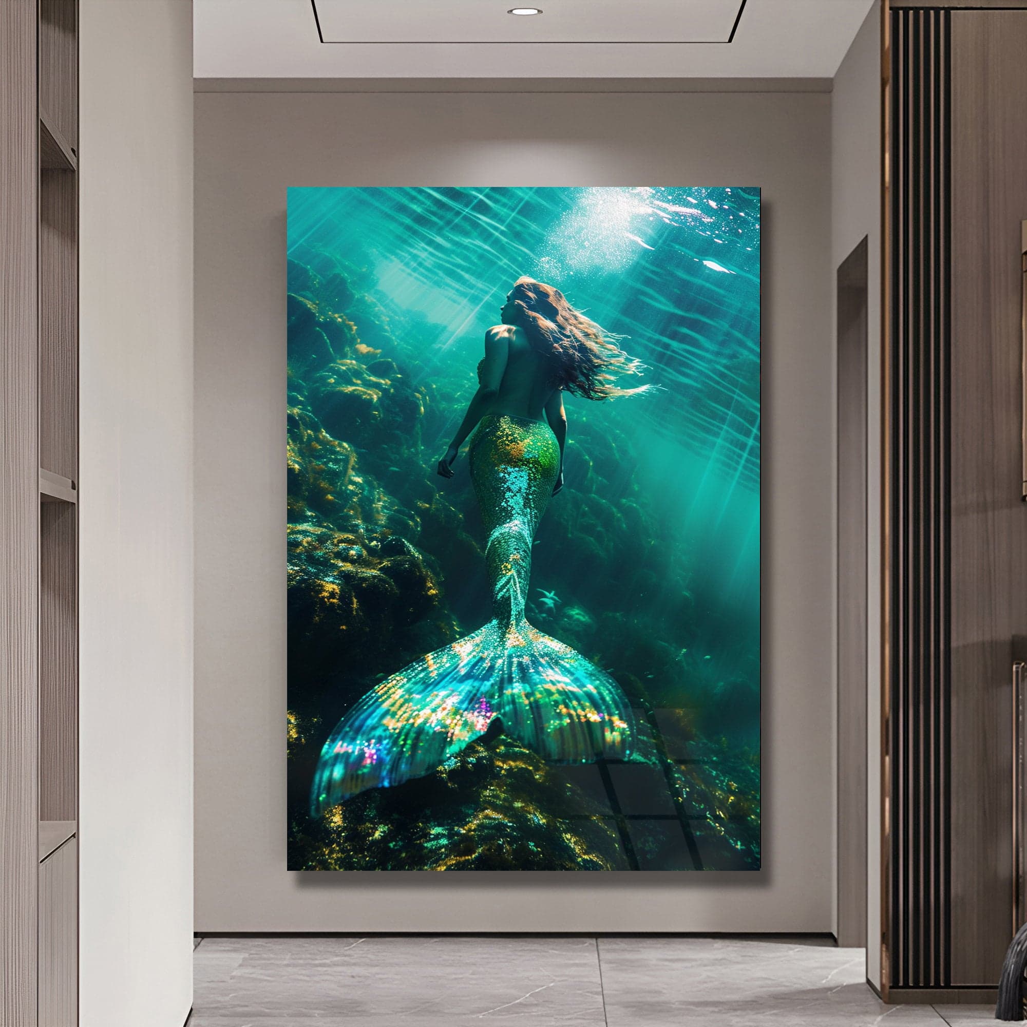 Tempered Glass Wall Art Mermaid Decor Gold framed Art Sea Glass Art Housewarming Gift Ready to Hang Trendy Wall Art Fashion Wall Art