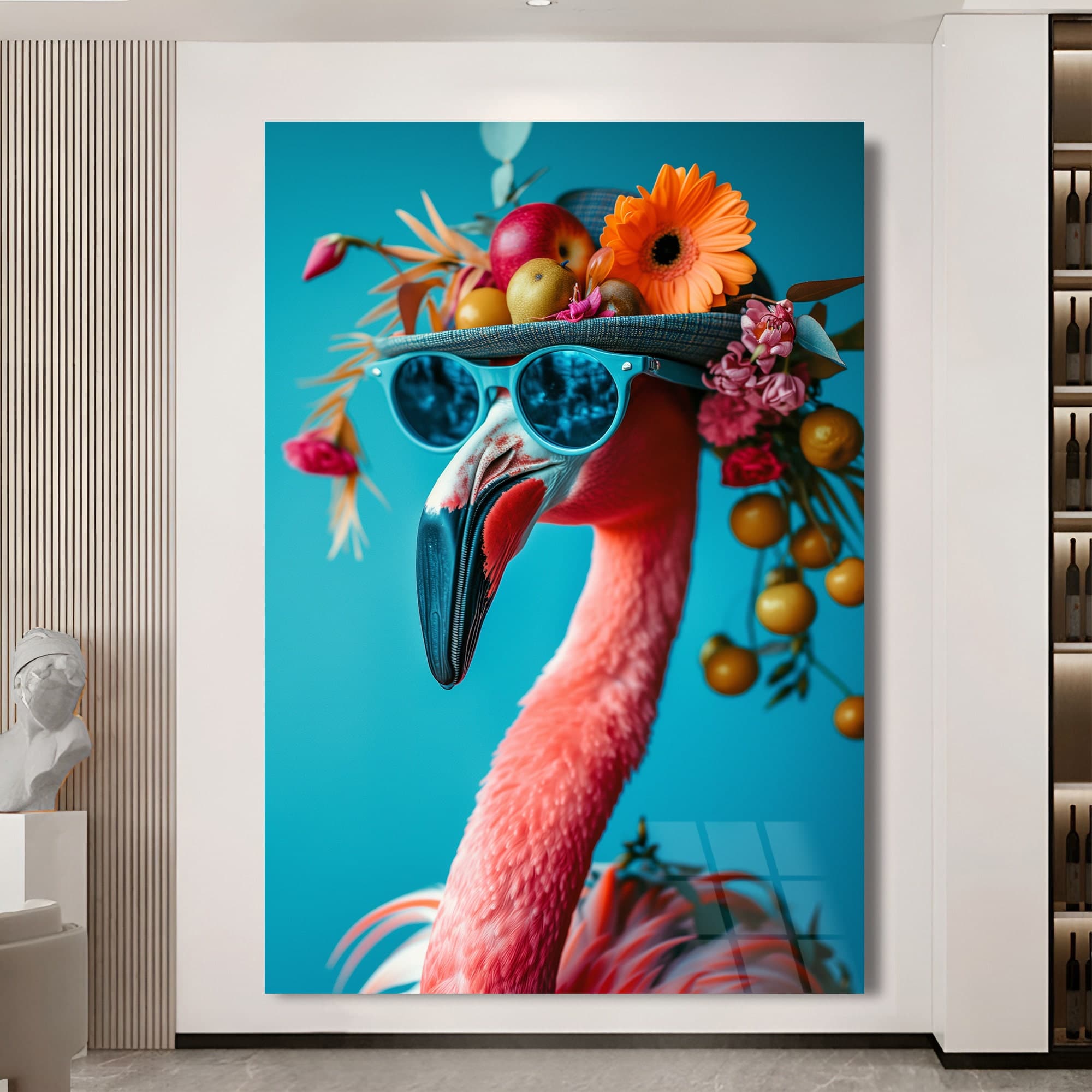 Flamingo portrait Tempered glass art Funny Animals art Nursery Decor Luxury wall art Modern Decor Fashion wall art Glass print home decor