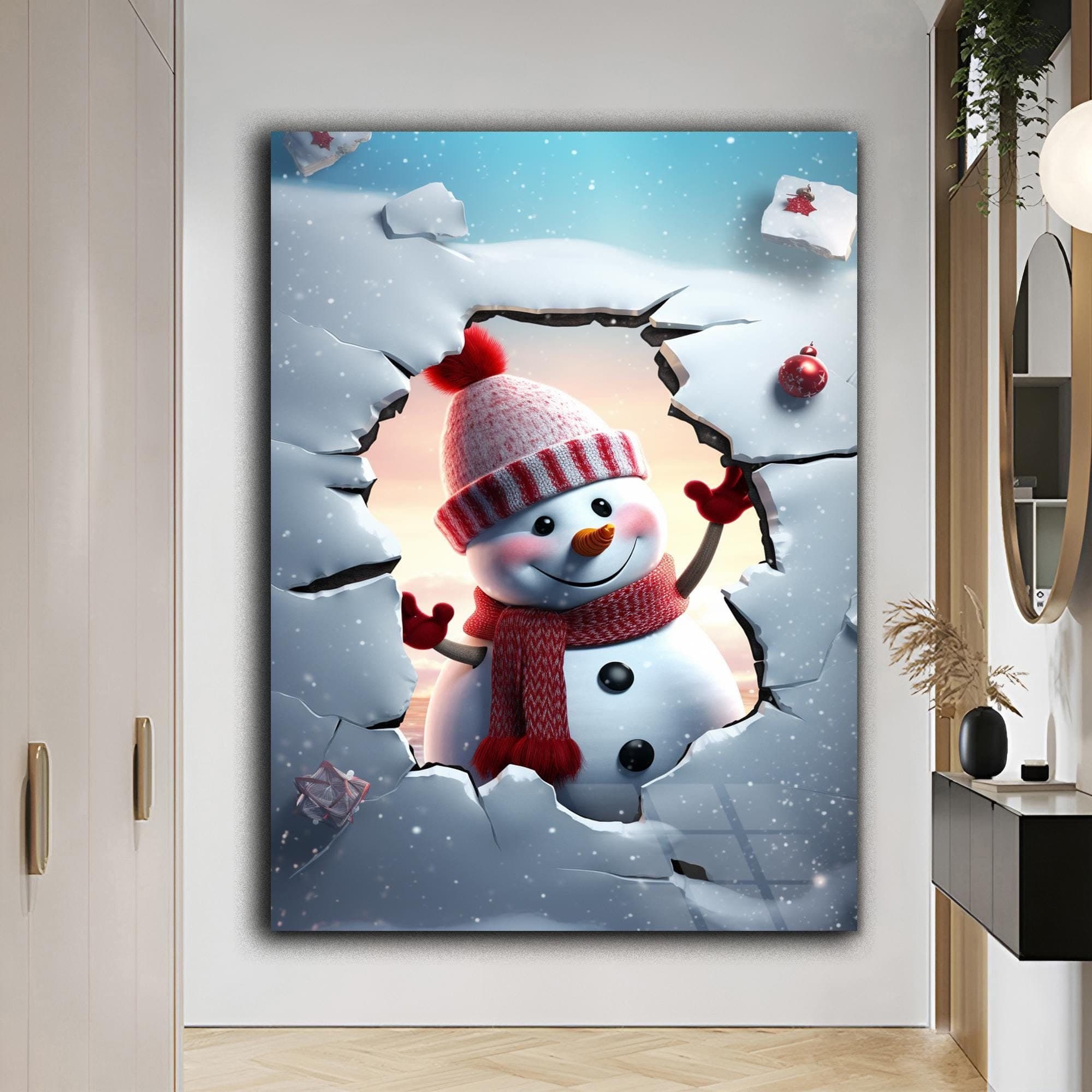 Winter Landscape Art Snowman Decor Nursery Decor Gift for Kids Baby Room Decor Tempered Glass Art Garden Decor Framed Wall Art Birthday Gift