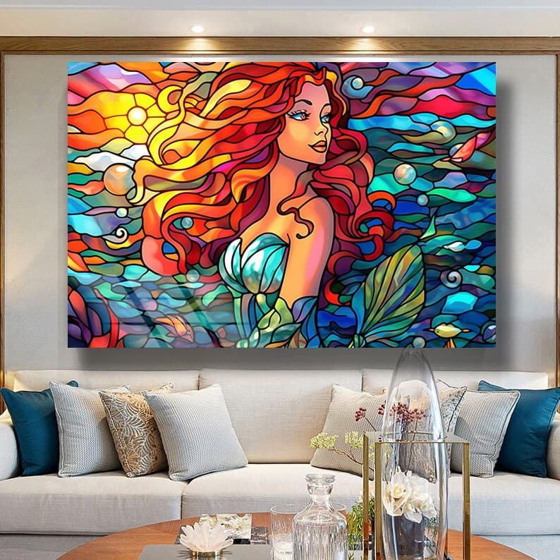 Stained Glass Art, Mermaid Wall Art, Abstract Stained Art Ocean stained Art Ready to hang Abstract Wall art Stained Window  wall Art Glass
