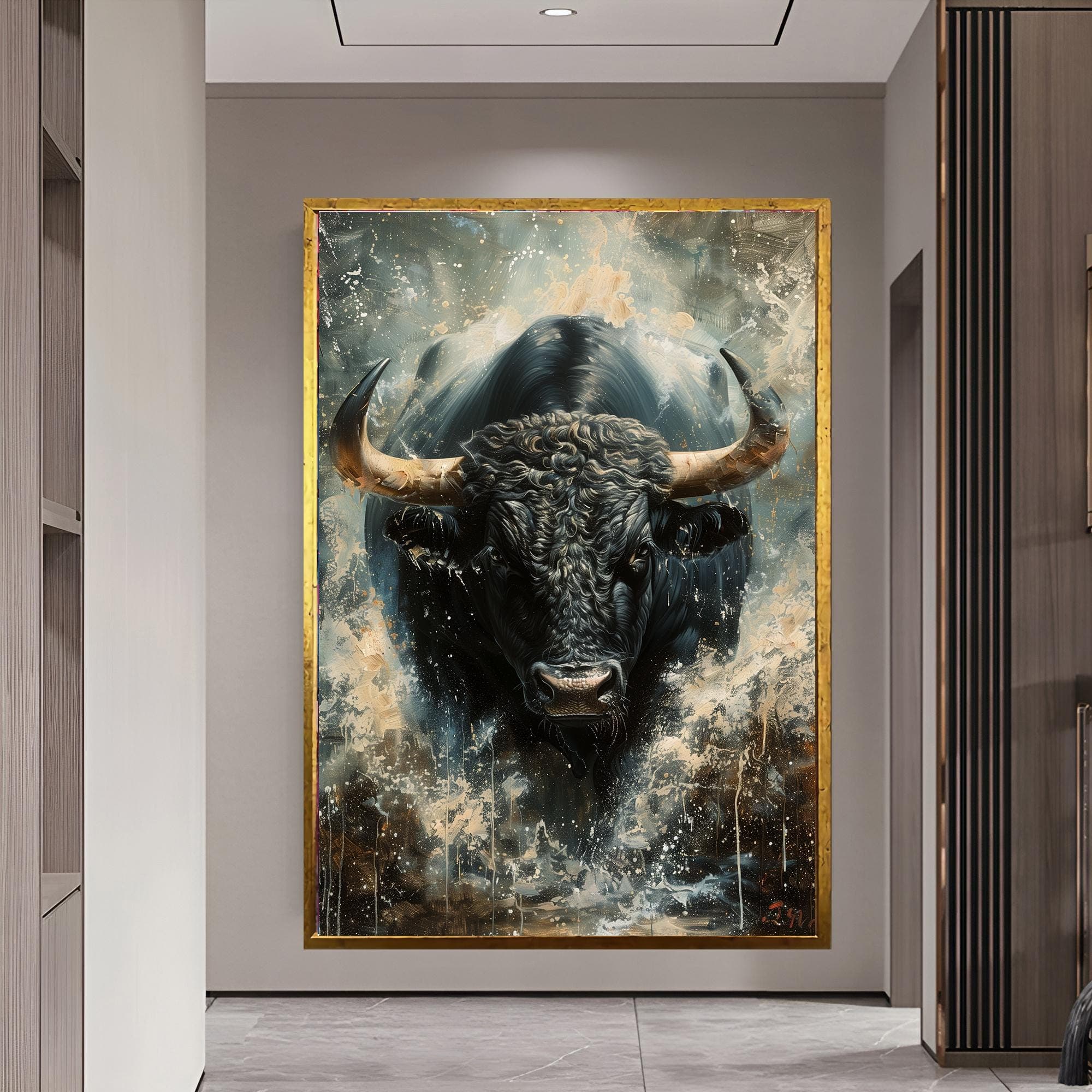 Wild Bull Wall Decor, Bull Painting, Strong Animal Art Modern Canvas Print Framed Animal Canvas Wall Hangings Large Artwork Gold Framed Art