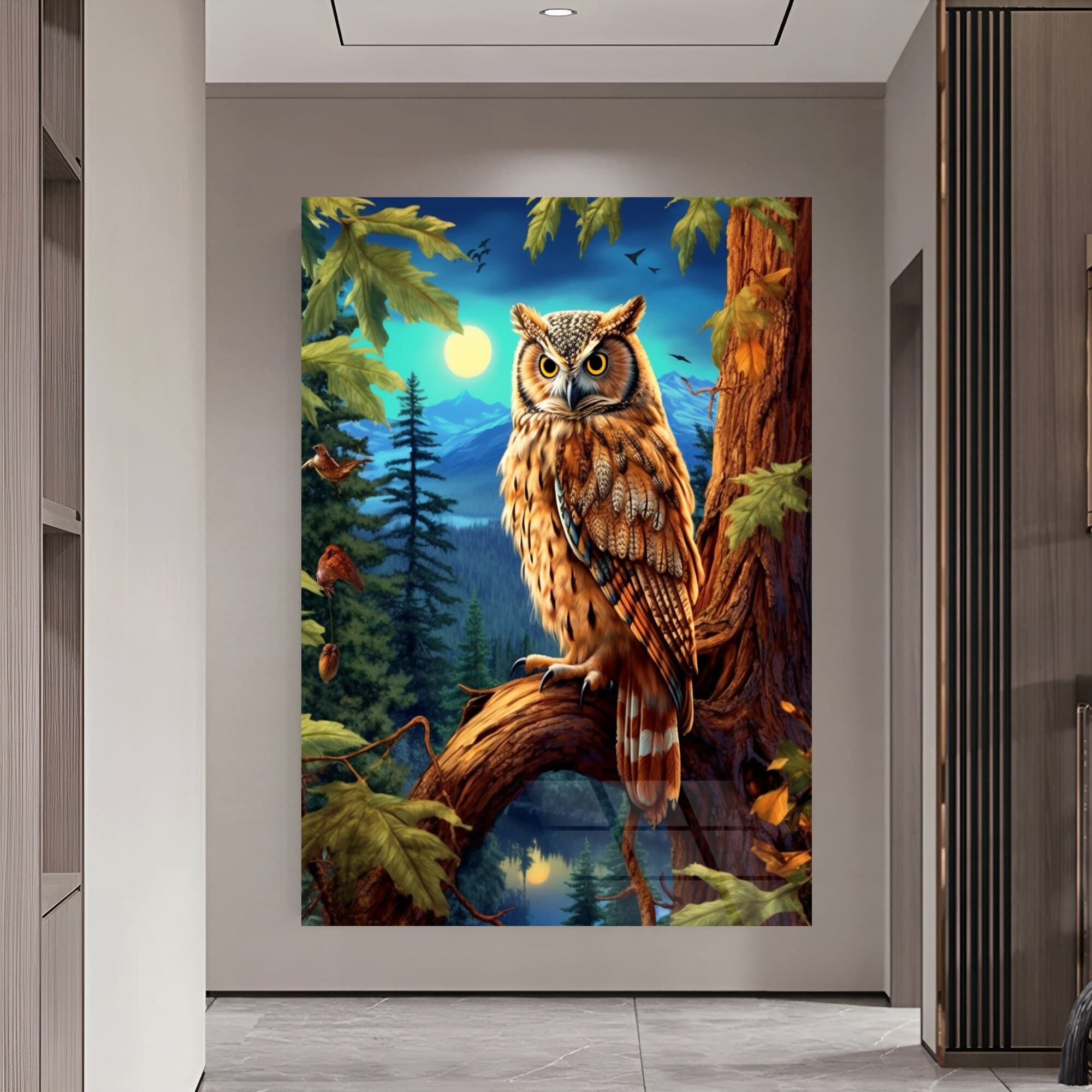 Owl Wall Art, Garden Glass Art, Botanical Glass Art, Jungle Themed Art, Bird Glass Art, Extra Large Wall Art, Wall Hanging, Garage Wall Art