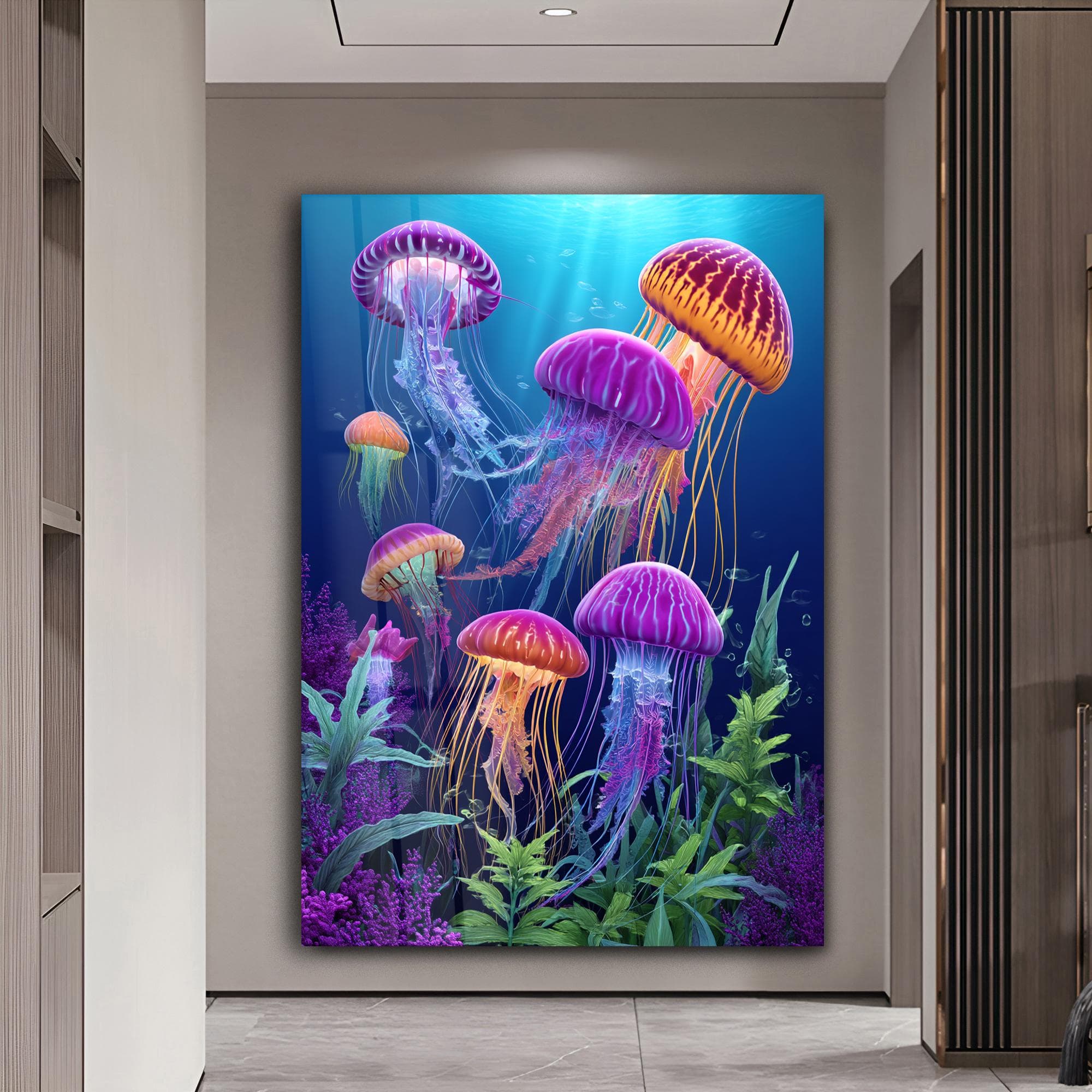 Jellyfish Wall Art Tempered Glass Print Colorful Underwater Decor Ocean Theme Artwork | Sea Life Gift Kids Room Wall Art Spa Decor