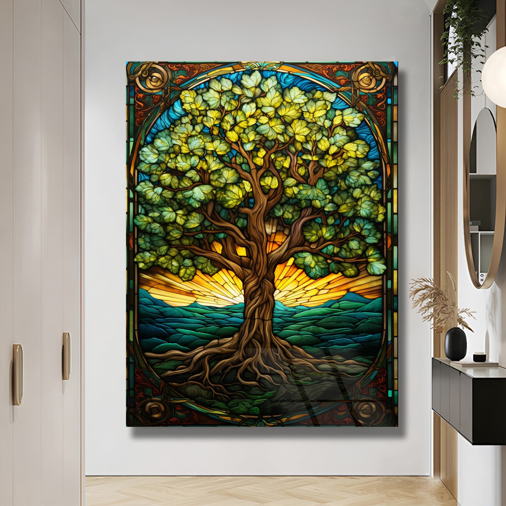 Tree of Life Stained Vertical Wall Art: Tempered Glass Framed Art