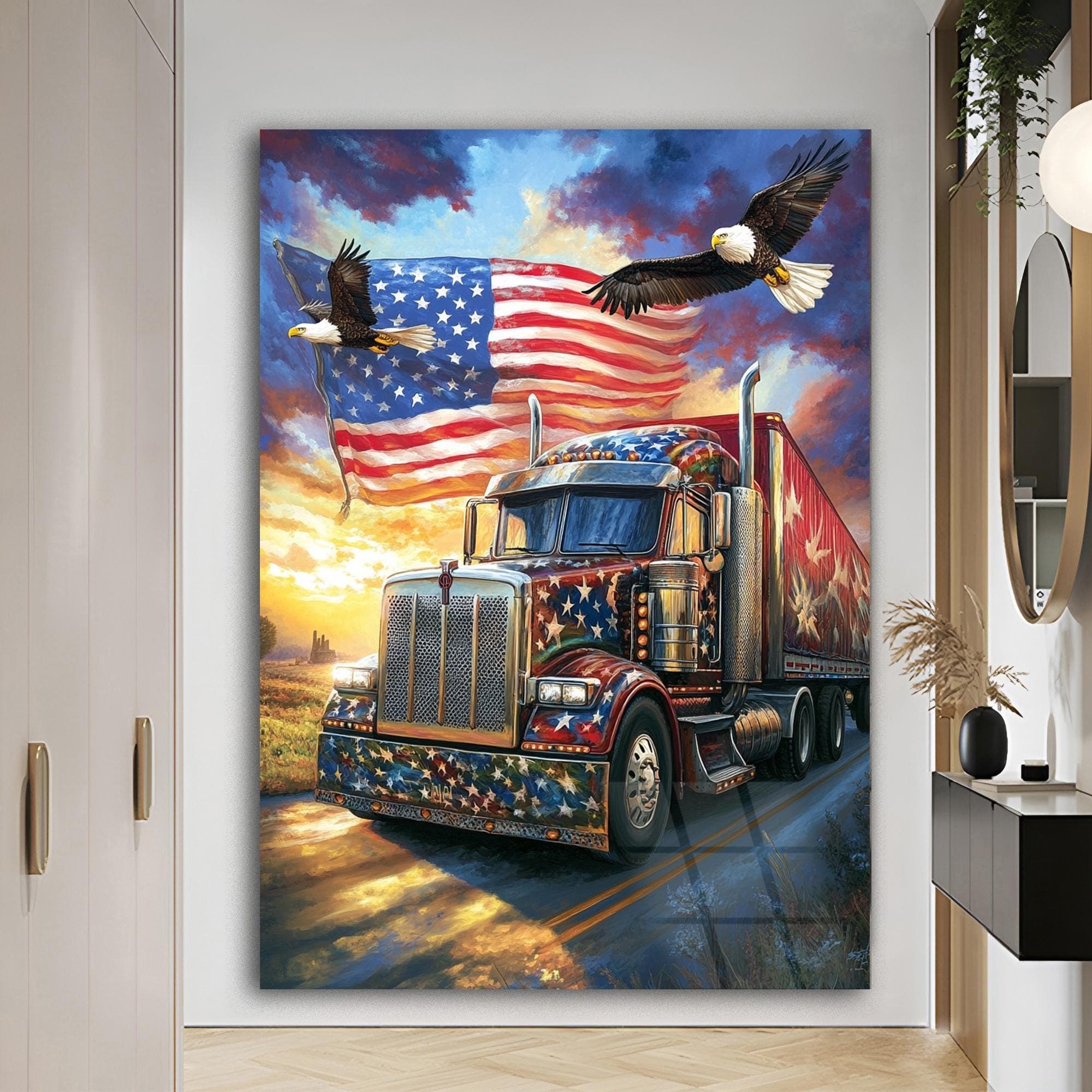 Semi Truck Art American Culture Art Gift for Dad Office Wall Decor Framed Art Tempered Glass Art Unique Birthday Gift Yard Decoration - image 4