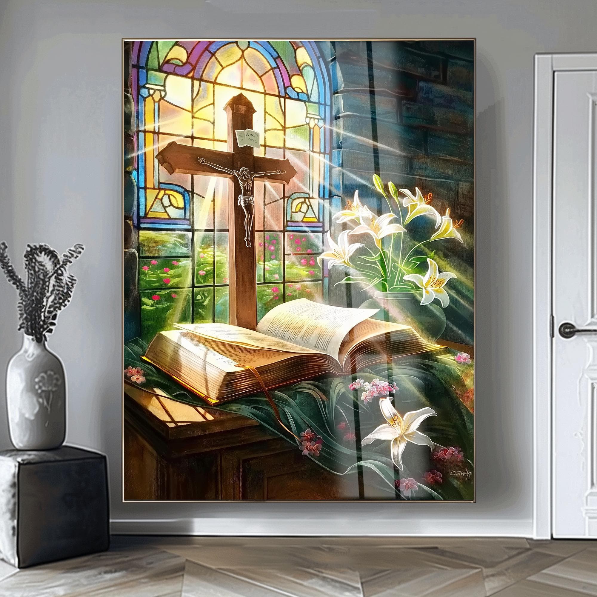Christian Wall Art, Cross and Bible Glass Print, Religious Wall Decor, Large Spiritual Artwork, Jesus Cross Decor, Church Home Art - image 5