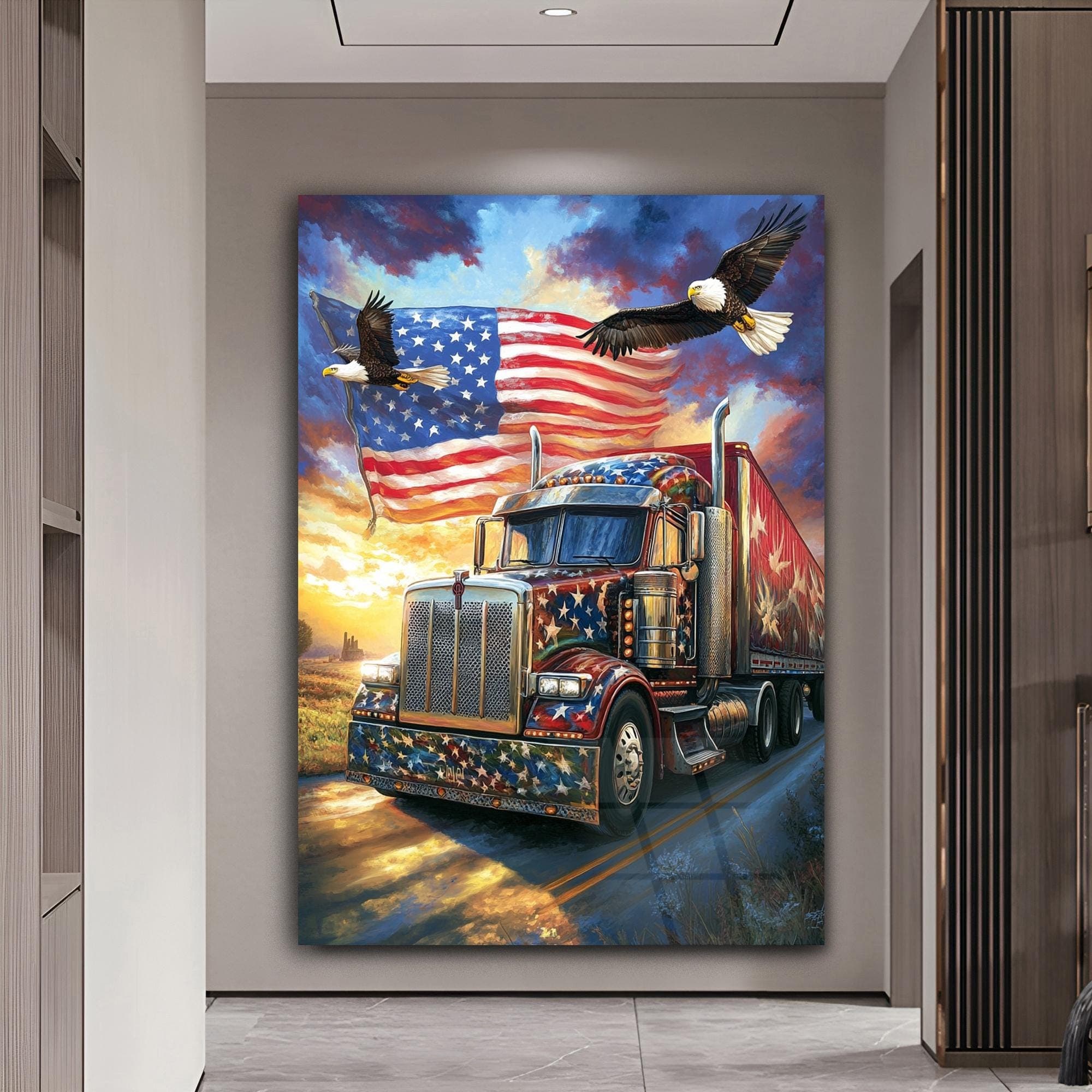 Semi Truck Art American Culture Art Gift for Dad Office Wall Decor Framed Art Tempered Glass Art Unique Birthday Gift Yard Decoration - image 3