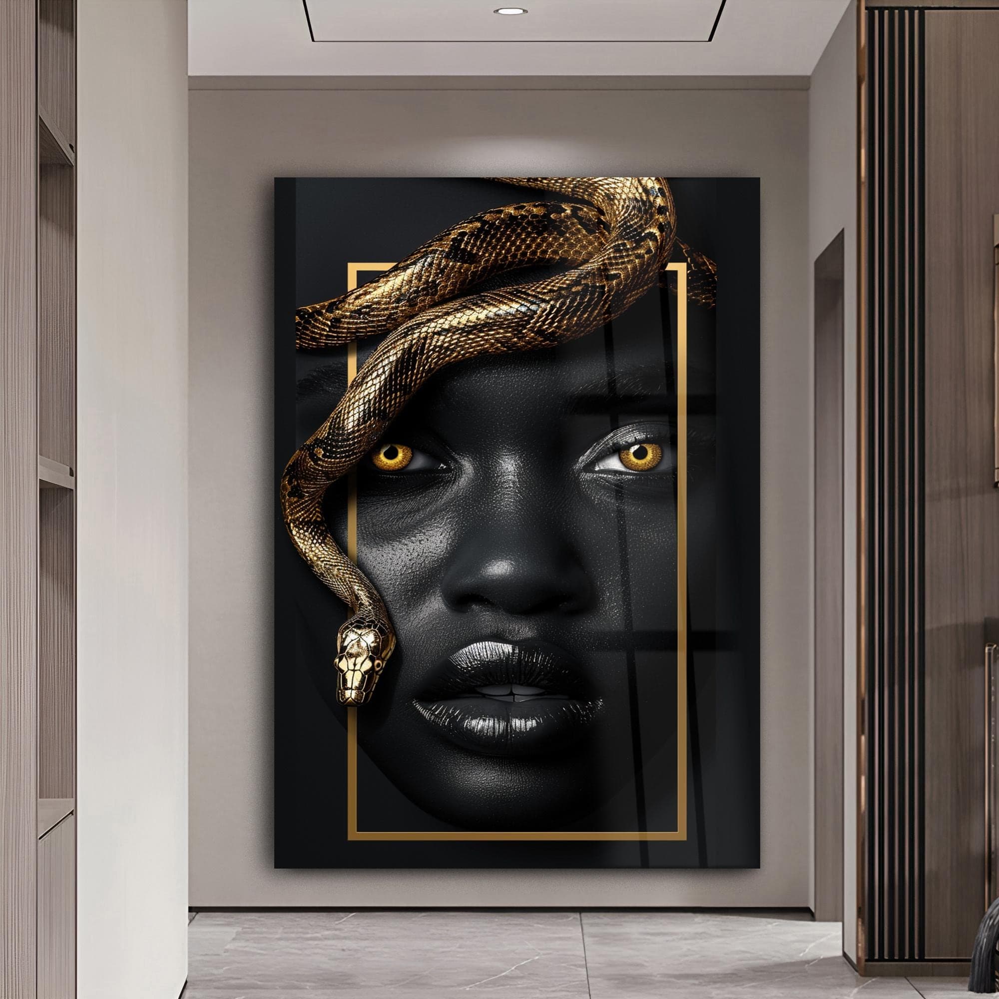 Luxury Black and Gold Glass Wall Art African Woman with Snake Modern Glass Decor Large Framed Artwork Elegant Statement Piece Unique Gift - image 4