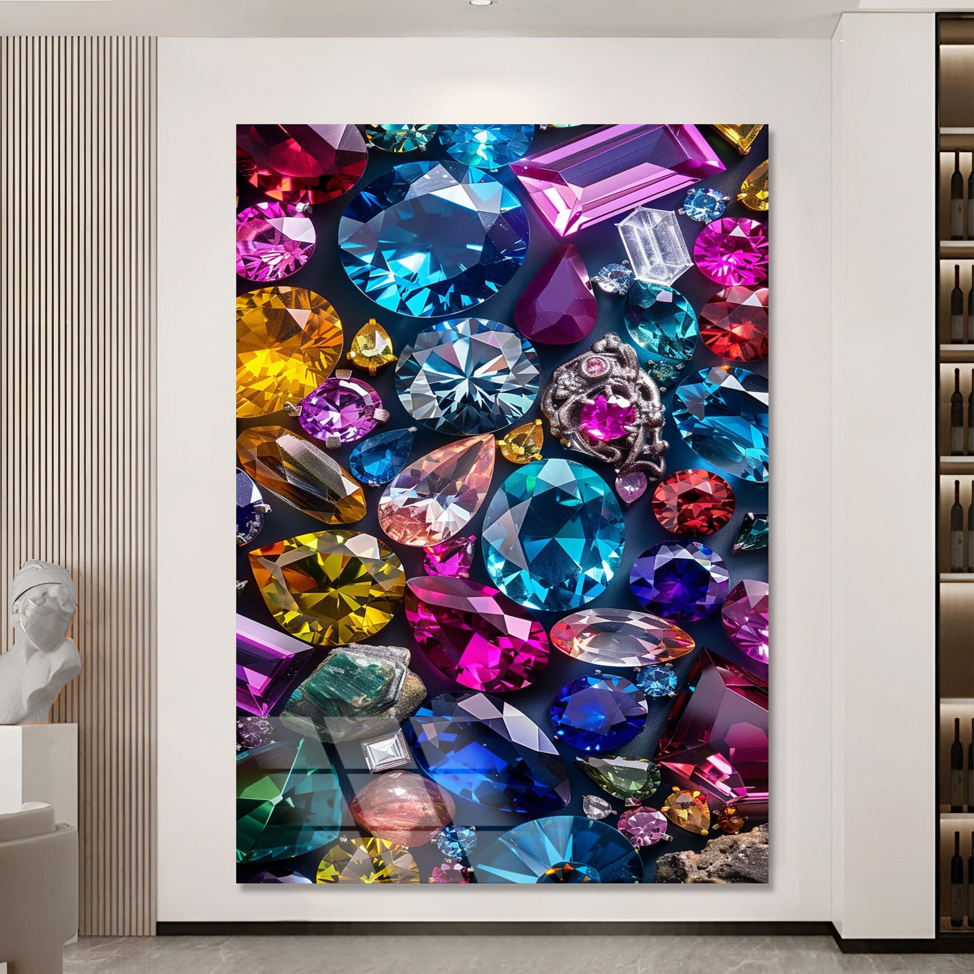 Glass Wall Art, jewelry Art, Tempered Glass Wall Art, shiny stones decor, Large Wall Art, Relaxation Art Wall Decor, gold framed art
