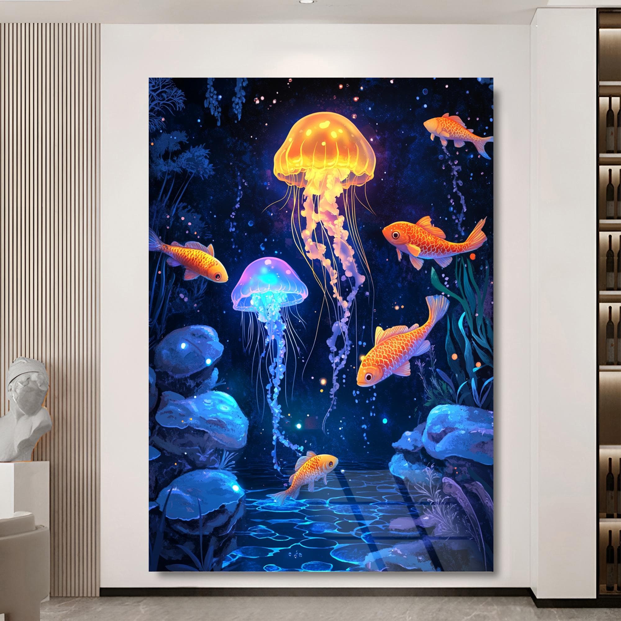 Jellyfish Wall Art Ocean Art Underwater Scene Wall Decor Aquarium Theme Modern Home Art Framed Canvas Gift Tempered Glass Wall Art