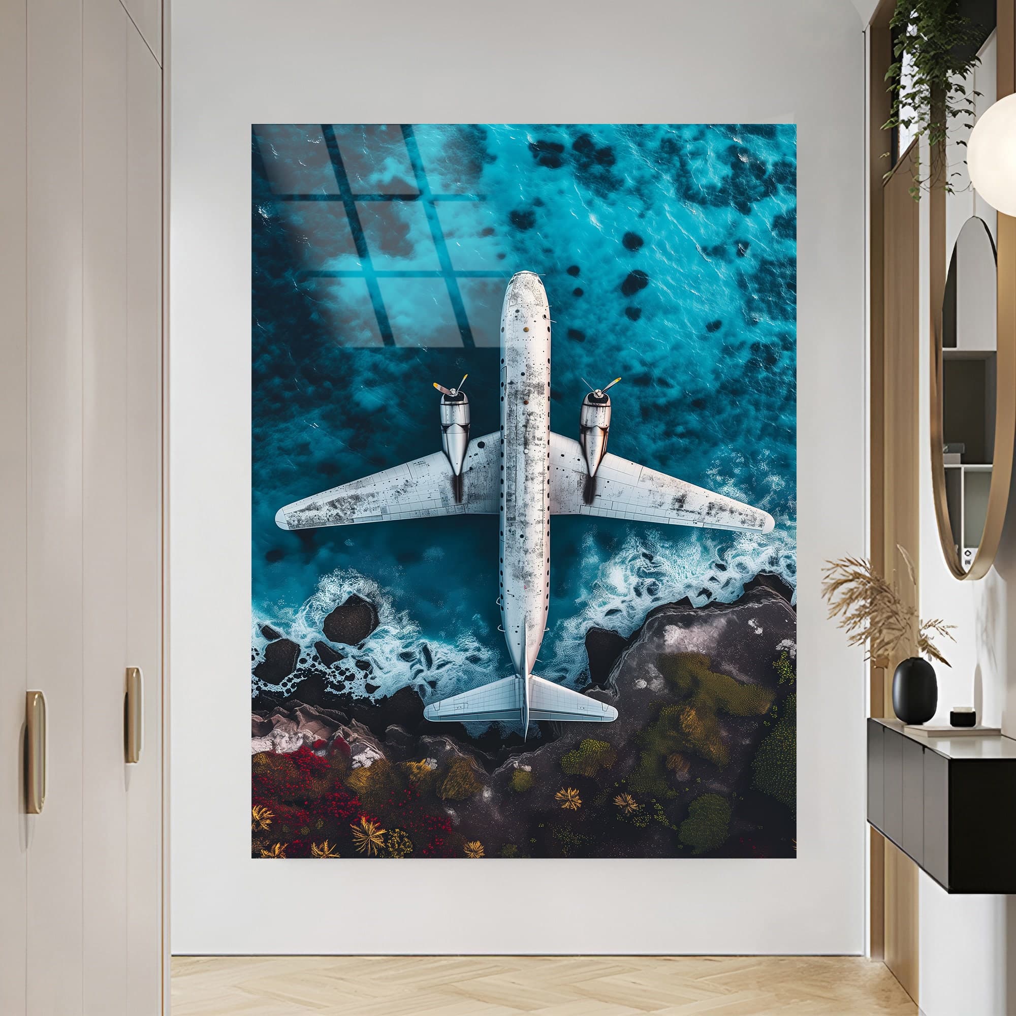 Tempered glass Wall Art Airplane Wall Art Landscape Decor Beach Wall Decor Modern Glass Art Large wall decor Wall Hangings glass wall art