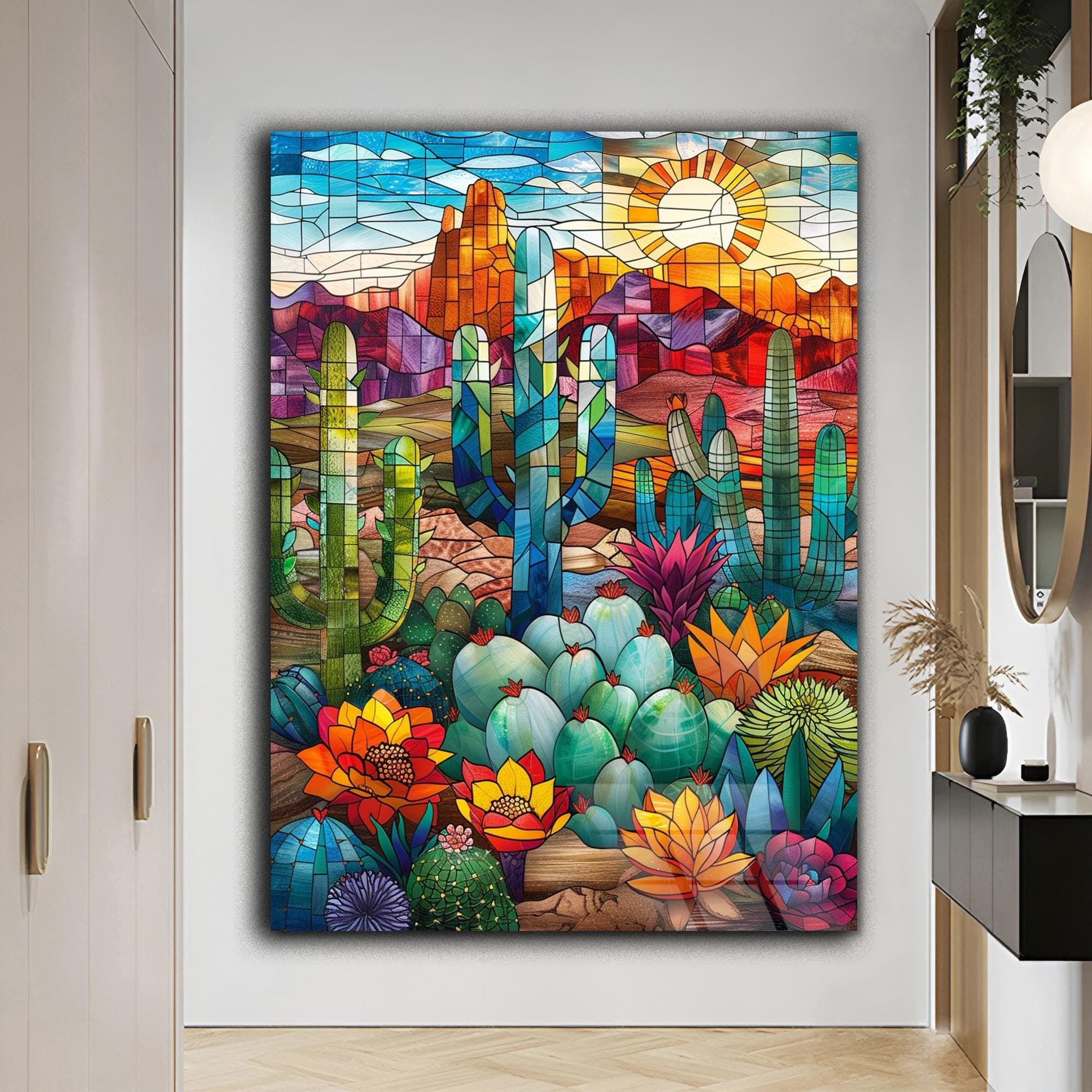 Cactus Wall Art Tempered Glass Art Stained Glass Art Natural Wall Decor Landscape Print Wedding Gift Farmhouse Decor Housewarming Gift