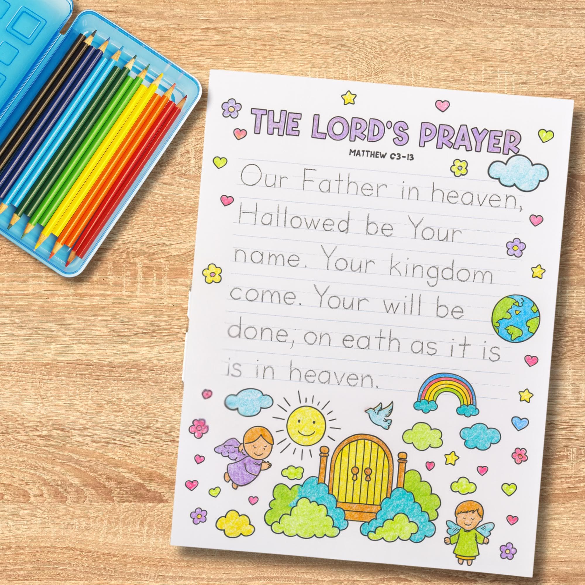 Completed Lord’s Prayer tracing page colored with crayons. Fun Christian printable worksheet for kids to practice writing and scripture memory.