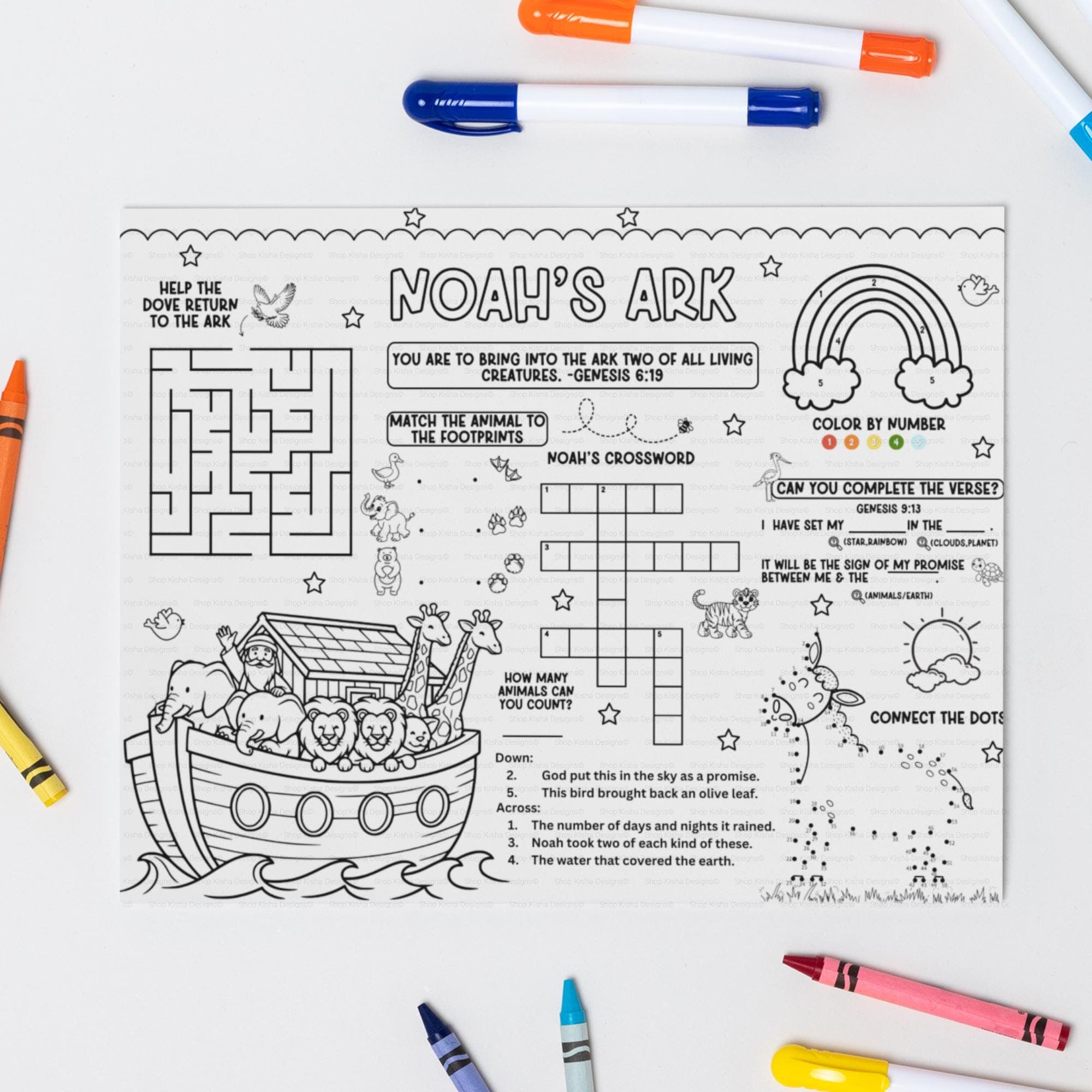 Printable Noahs Ark activity placemat with crossword puzzle, maze, and color by number. Quiet activities for kids great for Sunday school craft, Bible homeschool, or Christian preschool.