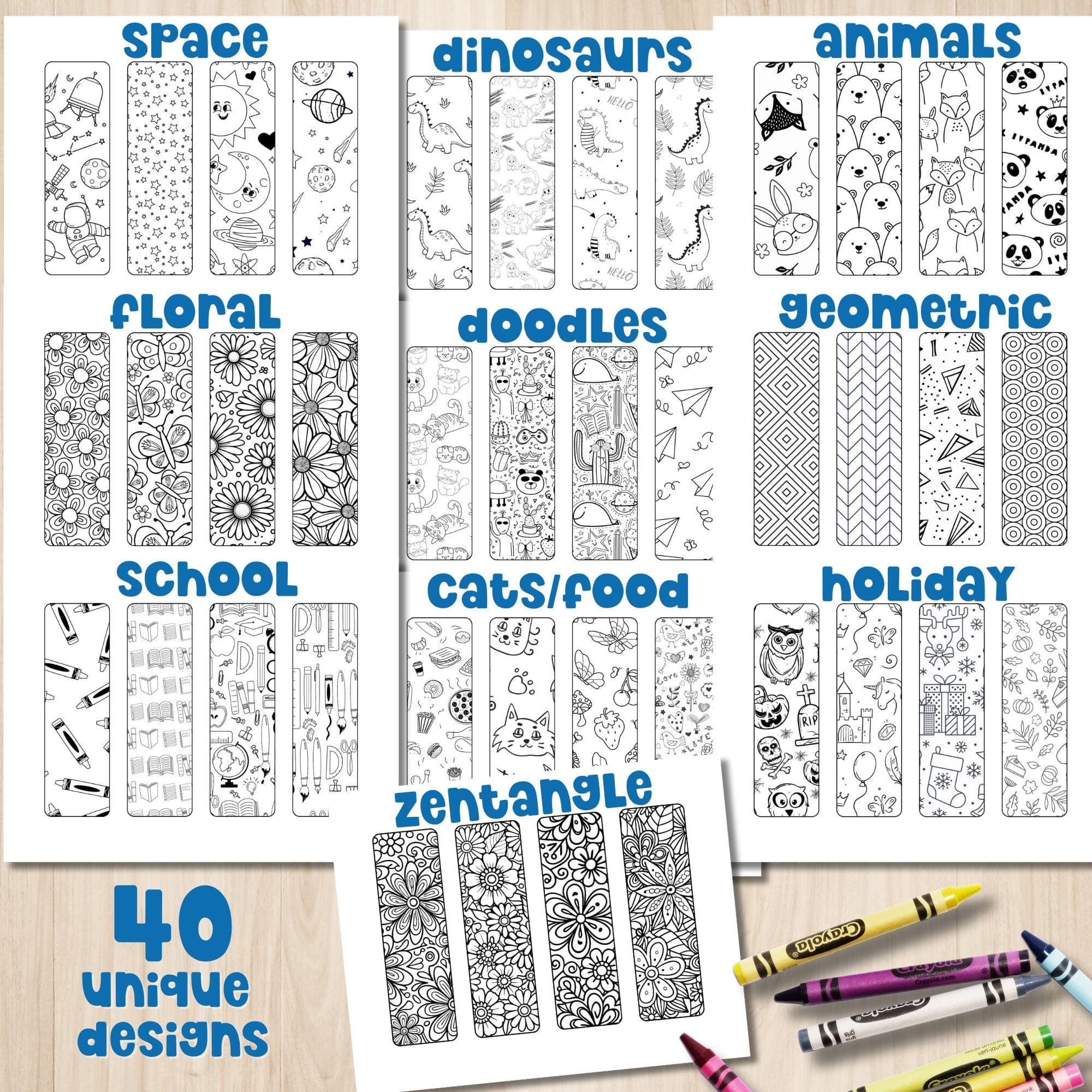 40 printable bookmark bundle for kids with space dinosaurs animals floral doodle cat food holiday school and zentangle designs.
