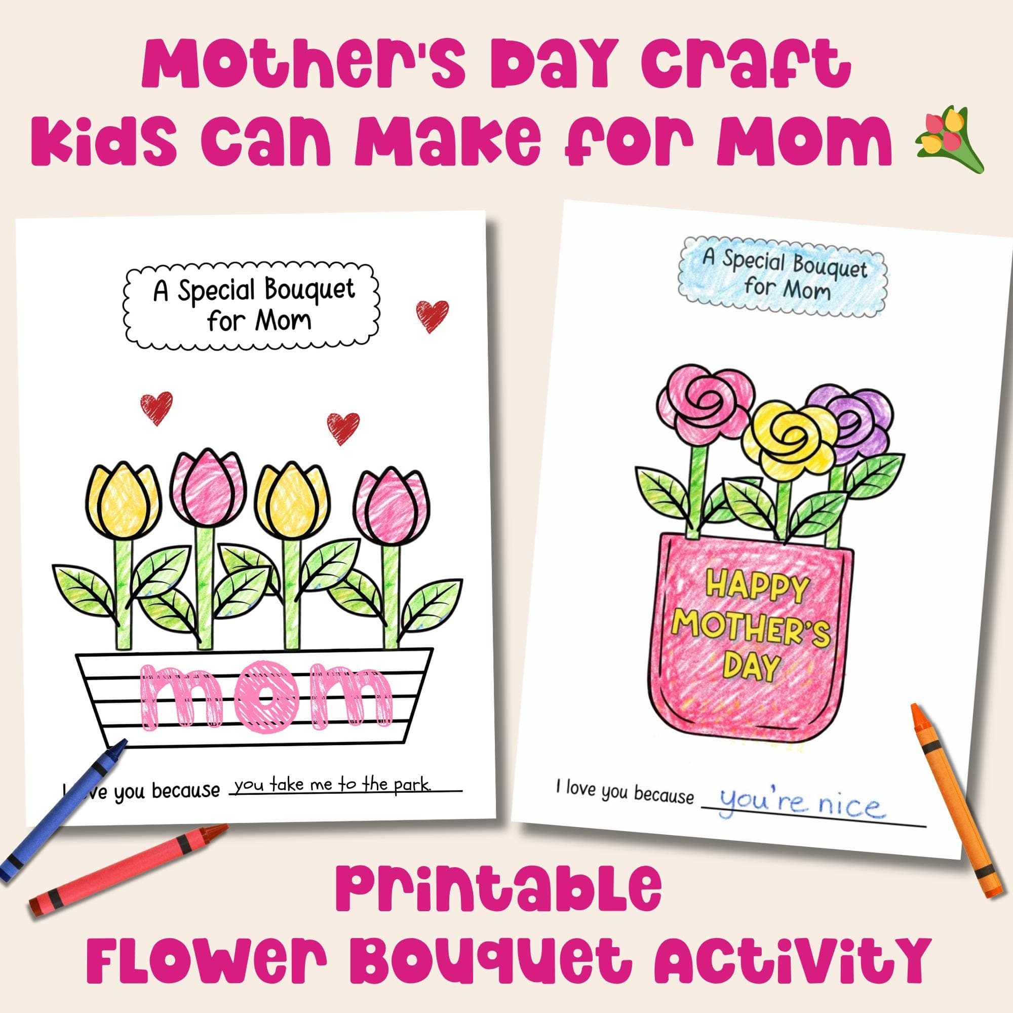 Printable Flower Bouquet Card for Mom Build a Flower Coloring Craft Easy Flower Craft Mom Gifts from Toddler Quiet Activities