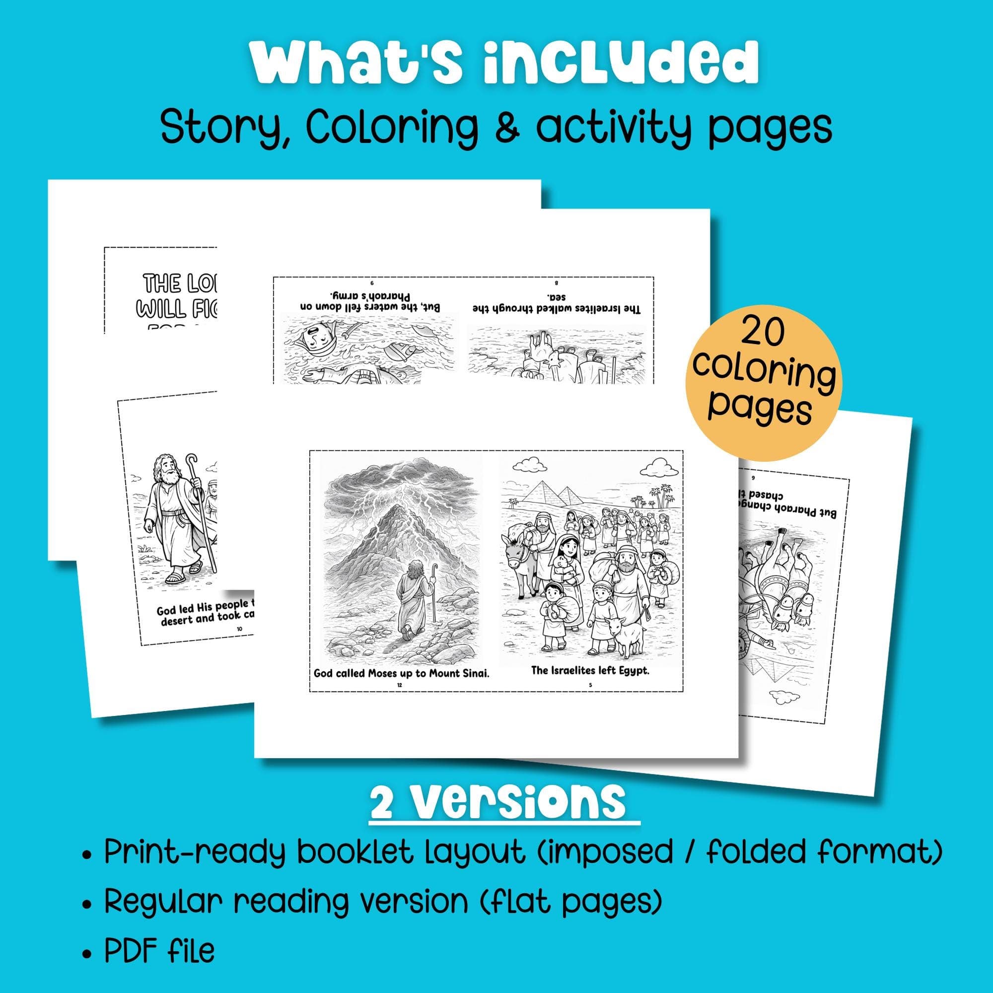 Moses Bible coloring pages printable includes 20 pages mini coloring book PDF Sunday school homeschool resource.