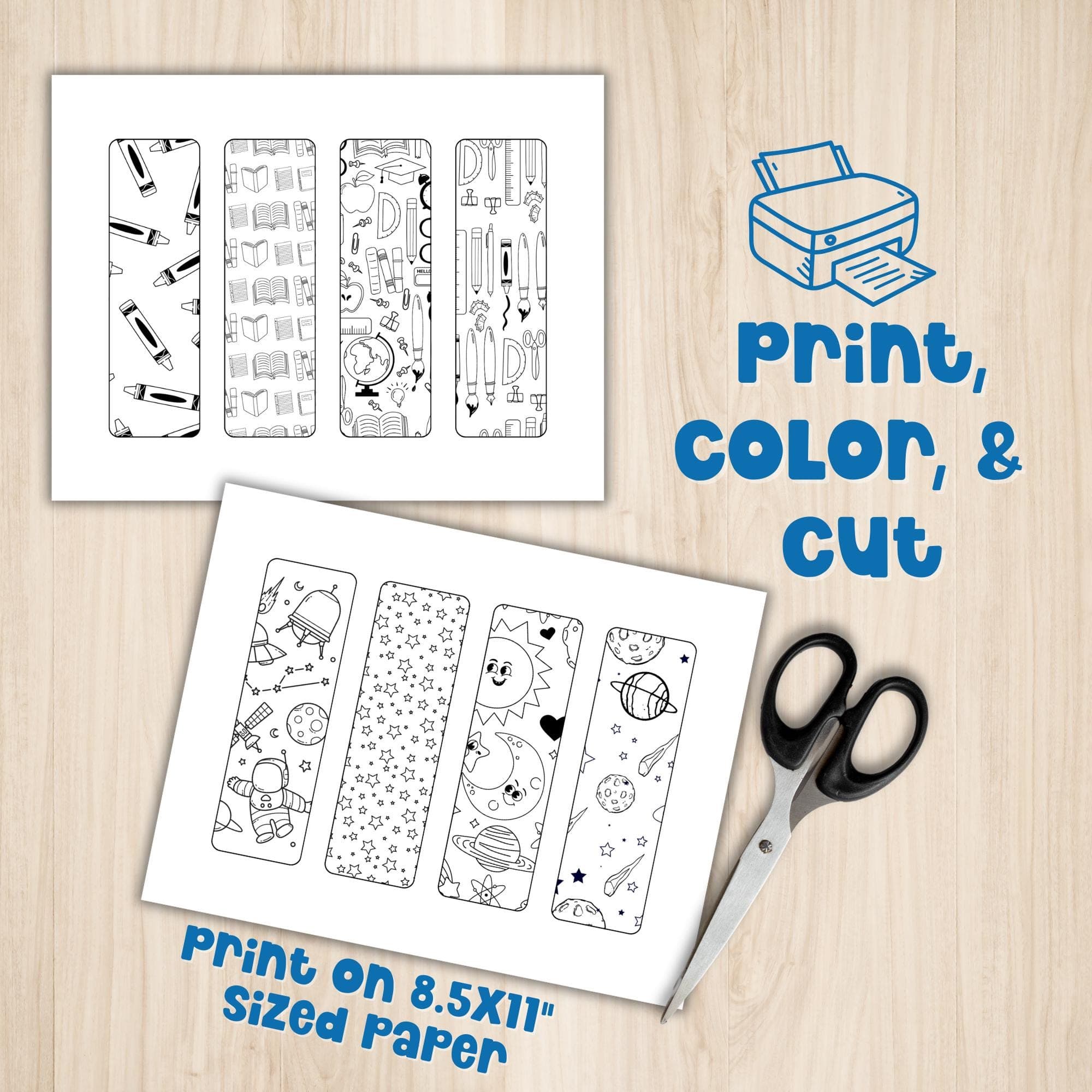 Printable bookmarks to color featuring school and space doodle designs fun classroom craft for students and library activity.