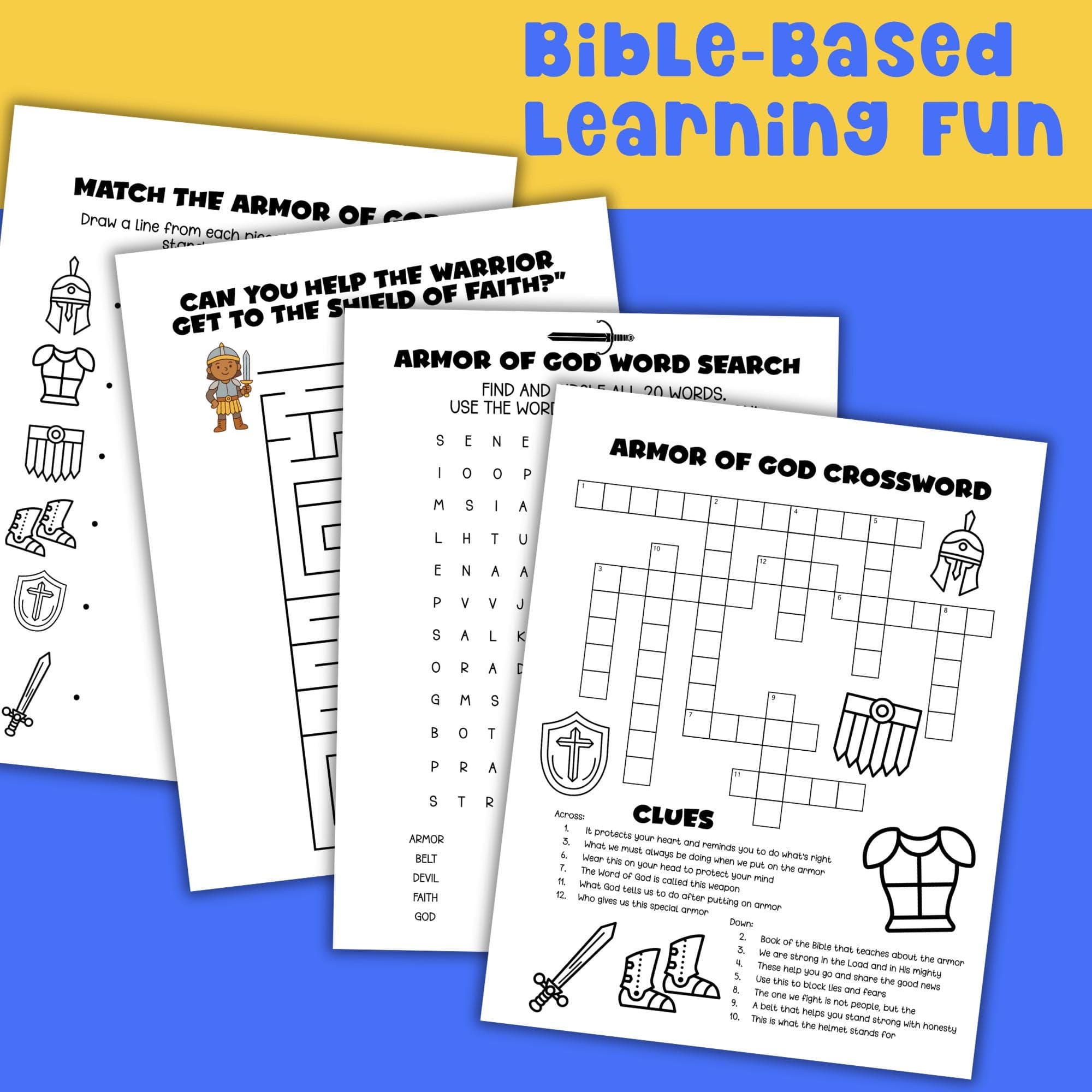 VBS activity sheet showing the Armor of God with creative writing prompts, coloring sections, and scripture-based fun for kids