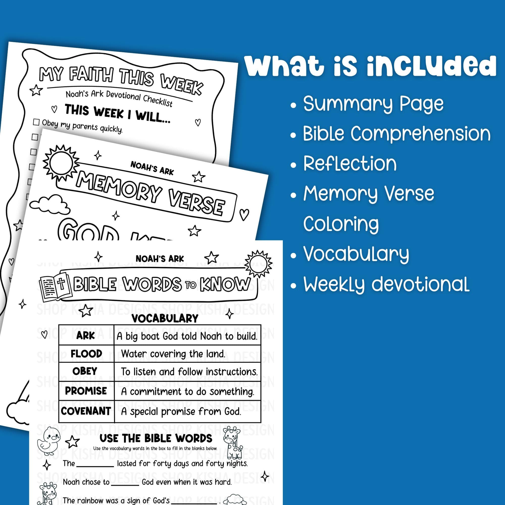 Noah’s Ark Bible study guide for kids with summary page, comprehension worksheet, reflection, memory verse coloring, vocabulary and weekly devotional printable.