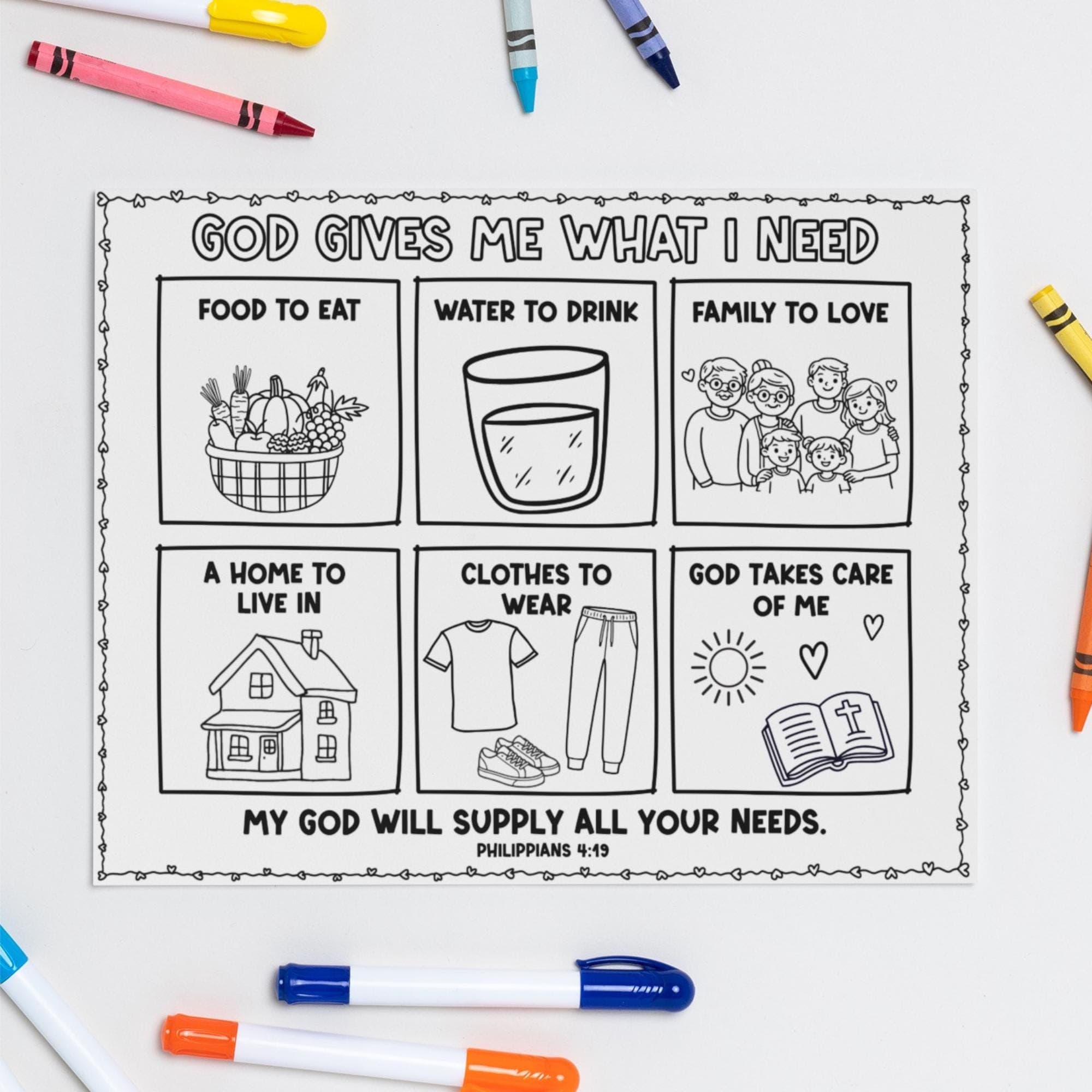 God gives me what I need Christian placemat printable for kids with Bible activity boxes faith based homeschool and Sunday school worksheet.