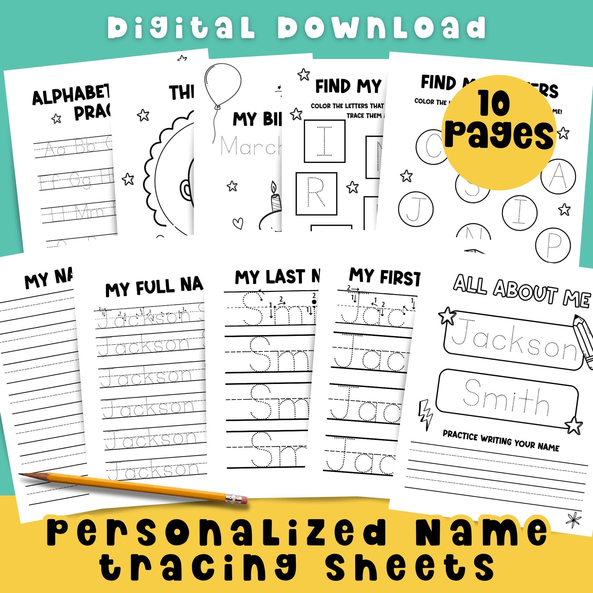 Personalized Name Tracing Printable – All About Me Preschool Worksheet Set – 10 Page Kindergarten Handwriting Practice Busy Book Coloring Activity.